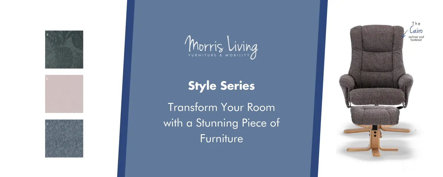 Morris Livings style series blog banner featuring cairo swivel recliner chair
