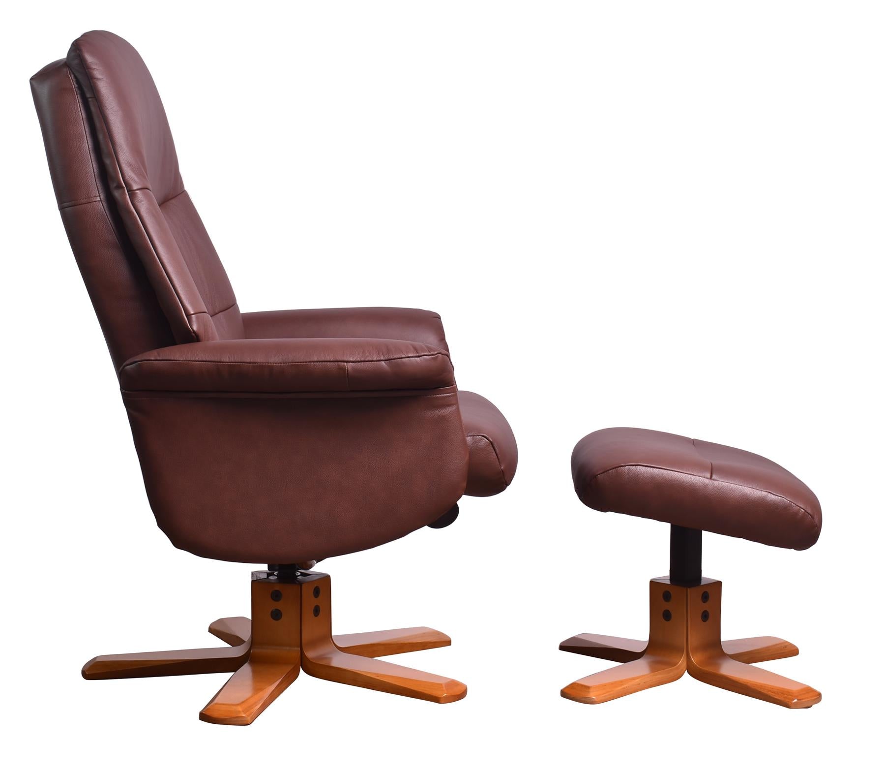 The Kansas Genuine Leather Swivel Recliner Chair in Chestnut with Cherry Wood base - Refurbished