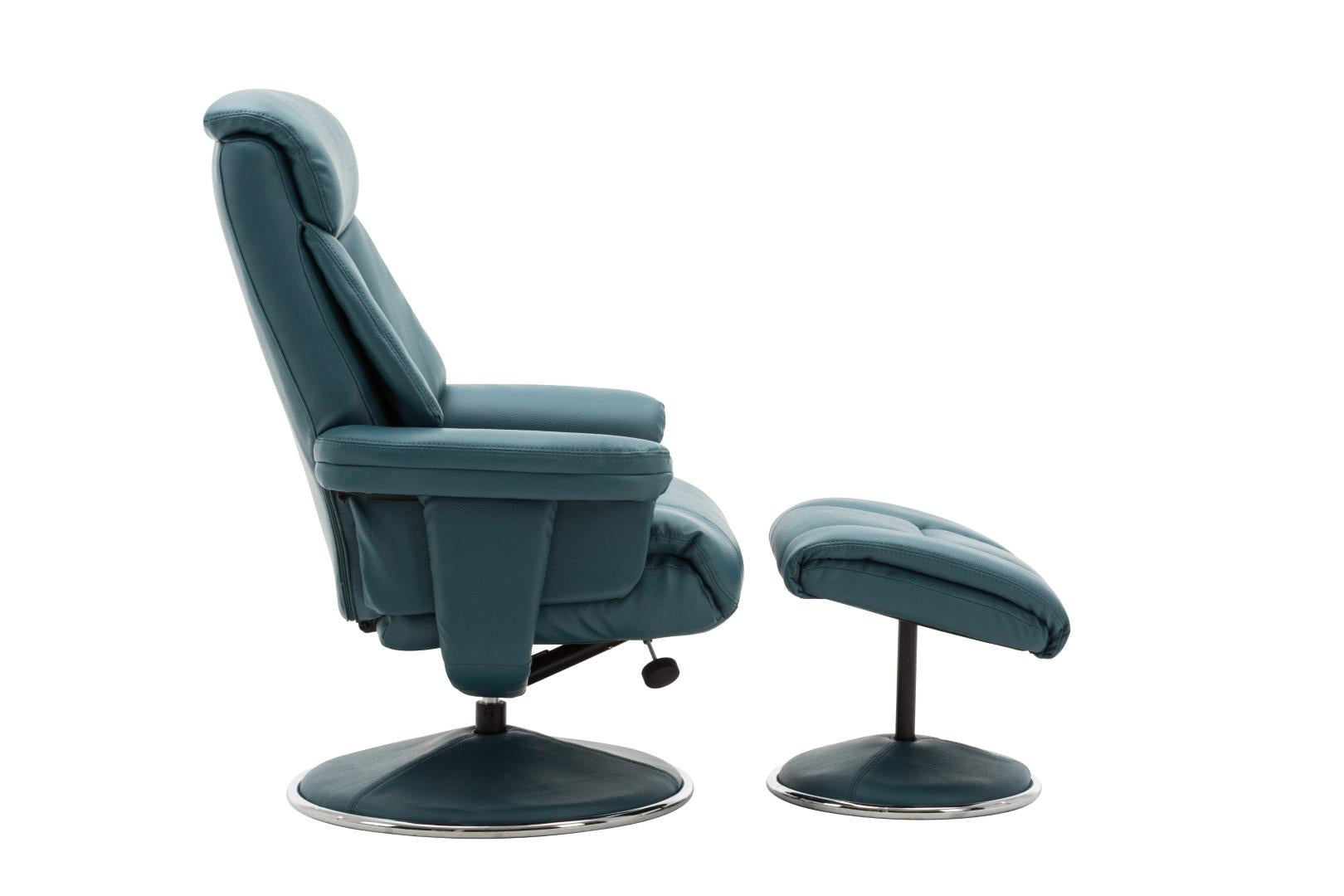Biarritz Plush Faux Leather Swivel Recliner Chair & Matching Footstool In Lagoon - Refurbished