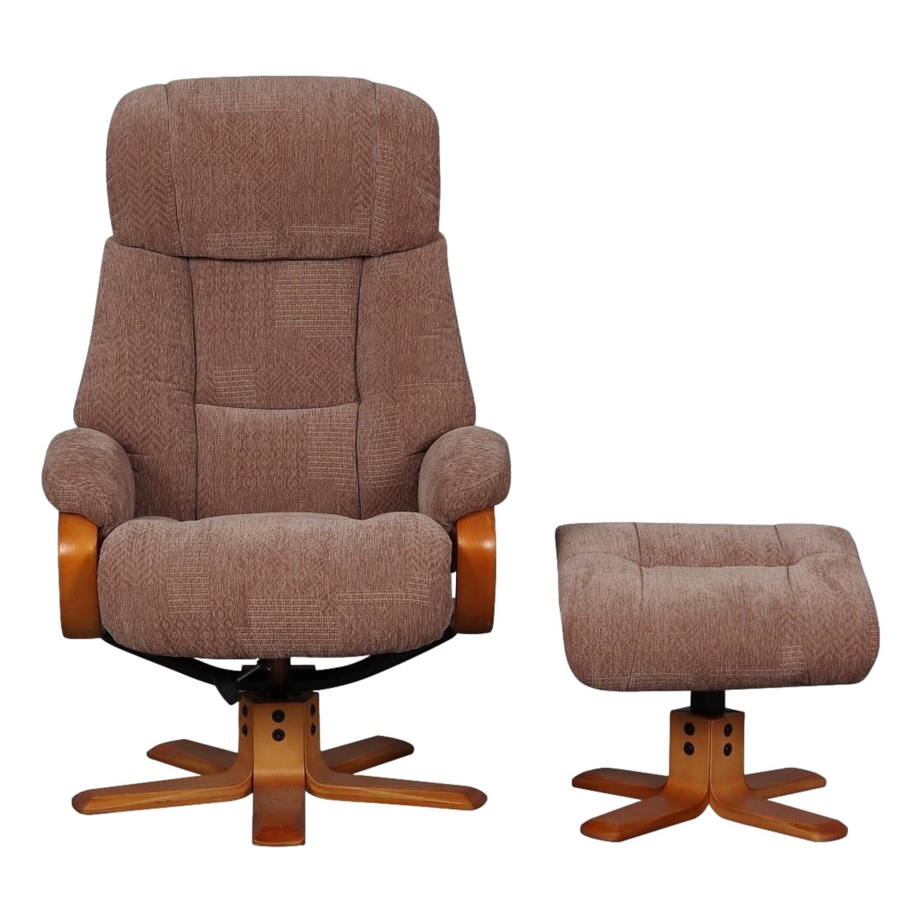 Elegant Fabric Swivel Recliner Chair and Footstool in Fawn/Cherry - Refurbished