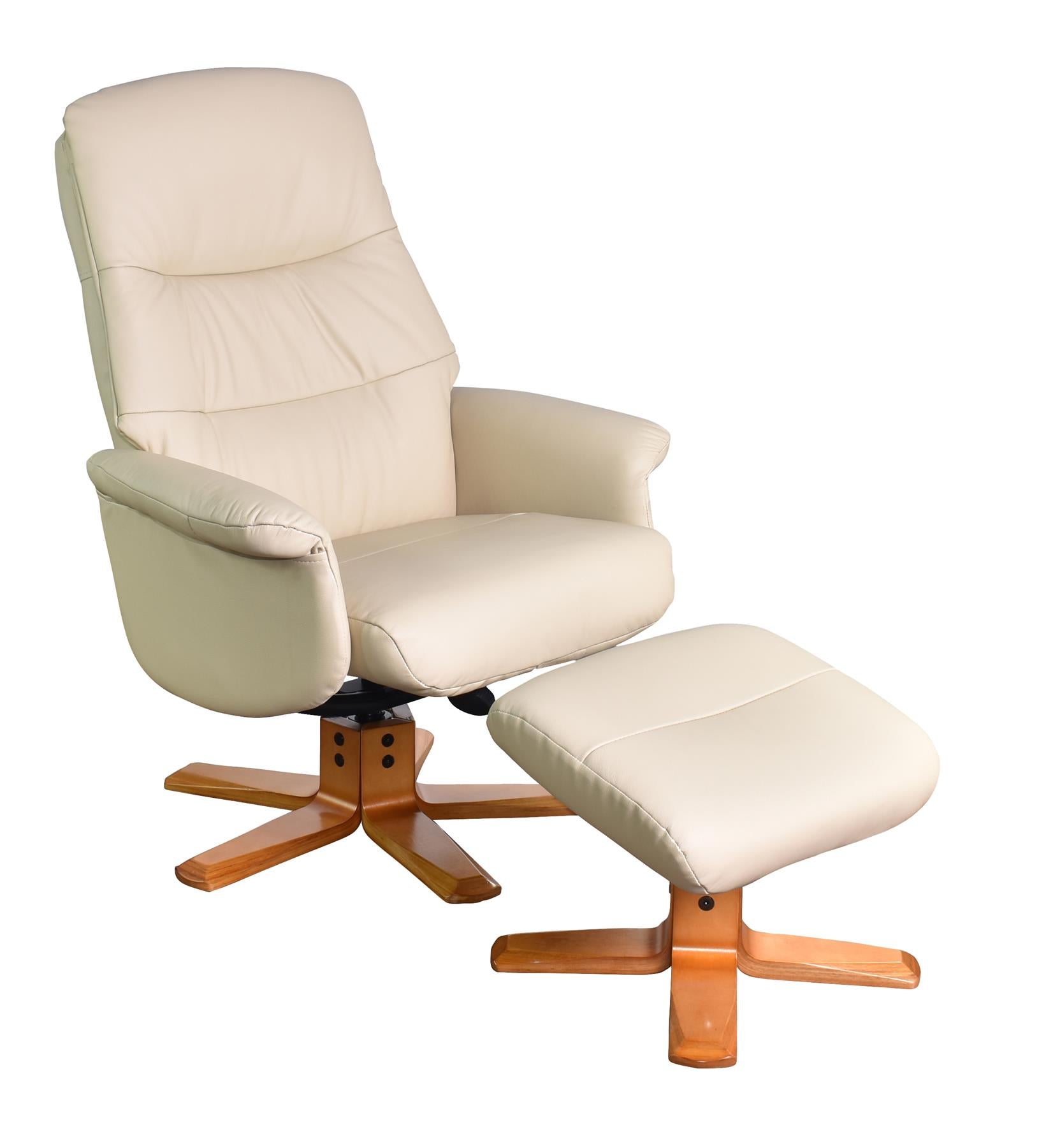 The Kansas Genuine Leather Swivel Recliner Chair in Cream with Cherry Base - Refurbished
