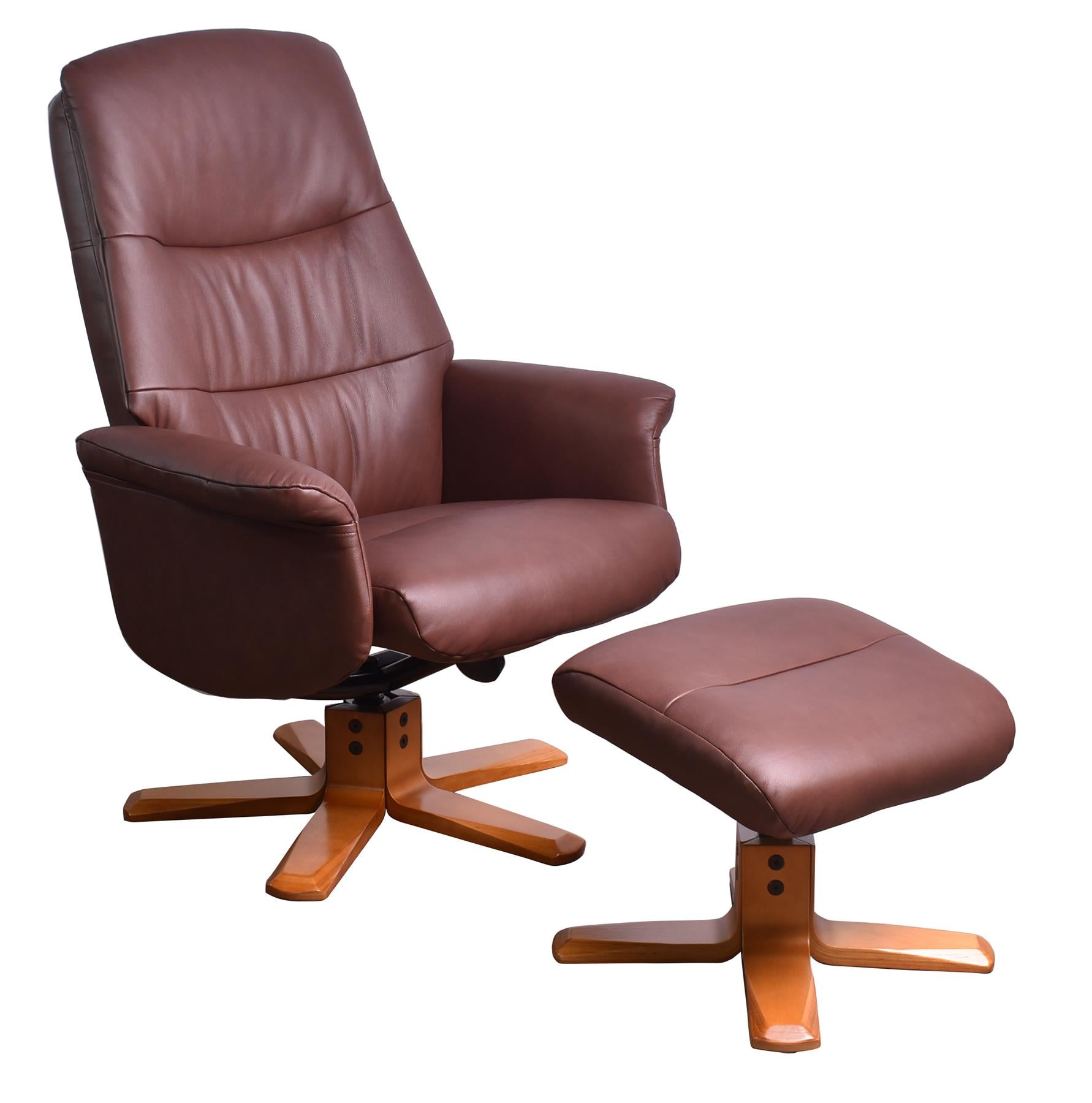 The Kansas Genuine Leather Swivel Recliner Chair in Chestnut with Cherry Wood base - Refurbished
