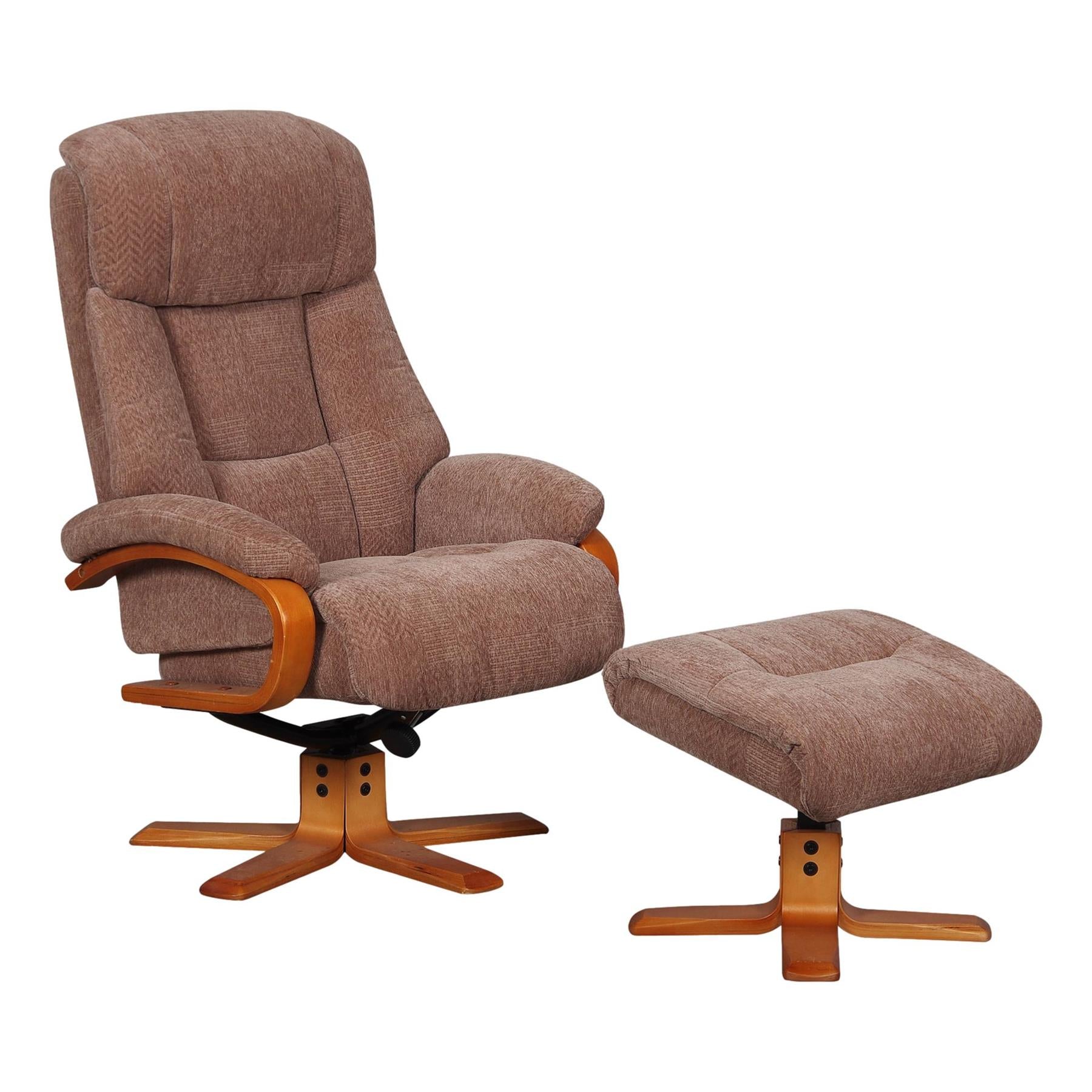 Elegant Fabric Swivel Recliner Chair and Footstool in Fawn/Cherry - Refurbished