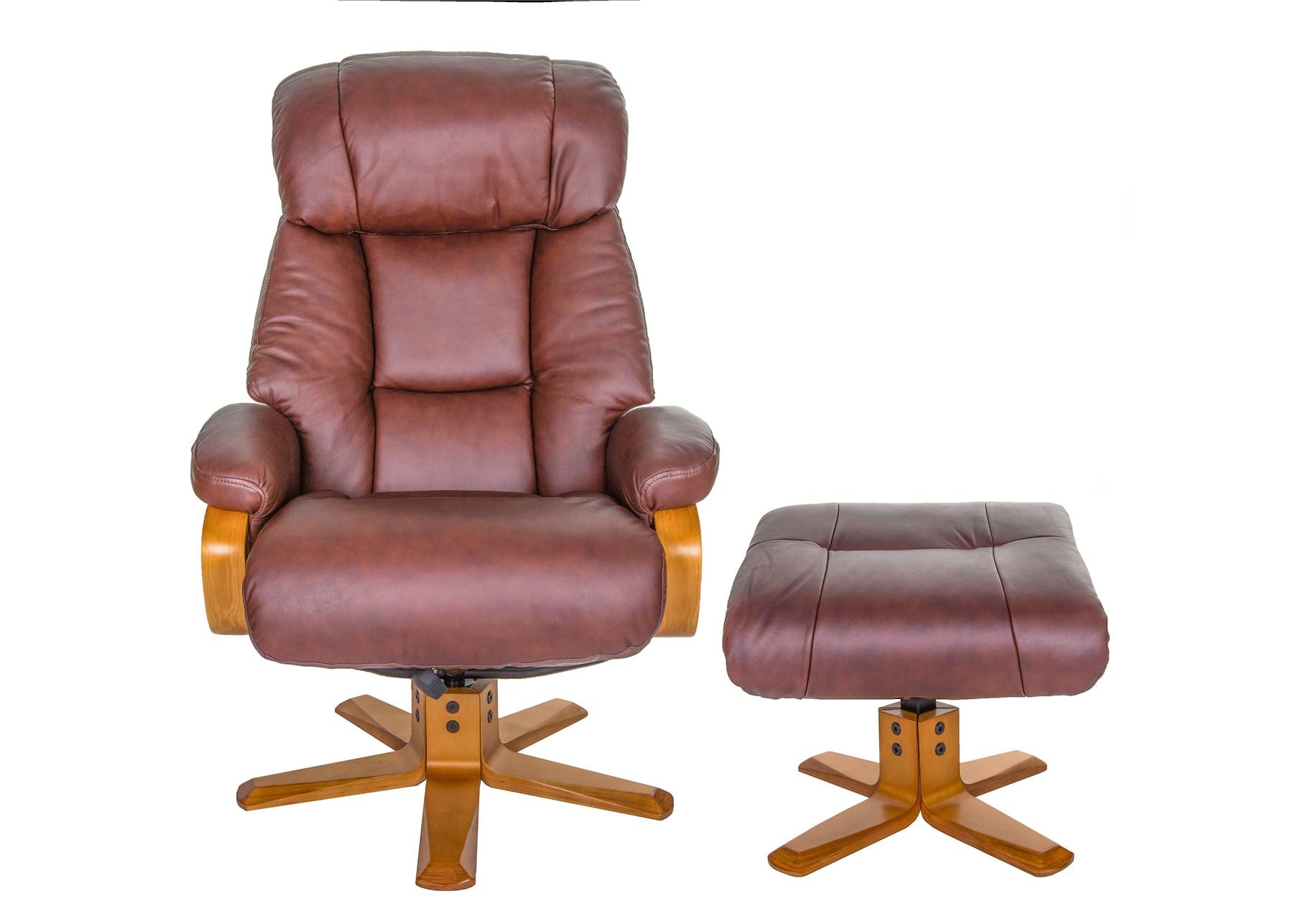The Nice Swivel Recliner Chair & Footstool Chestnut Genuine Leather - Refurbished