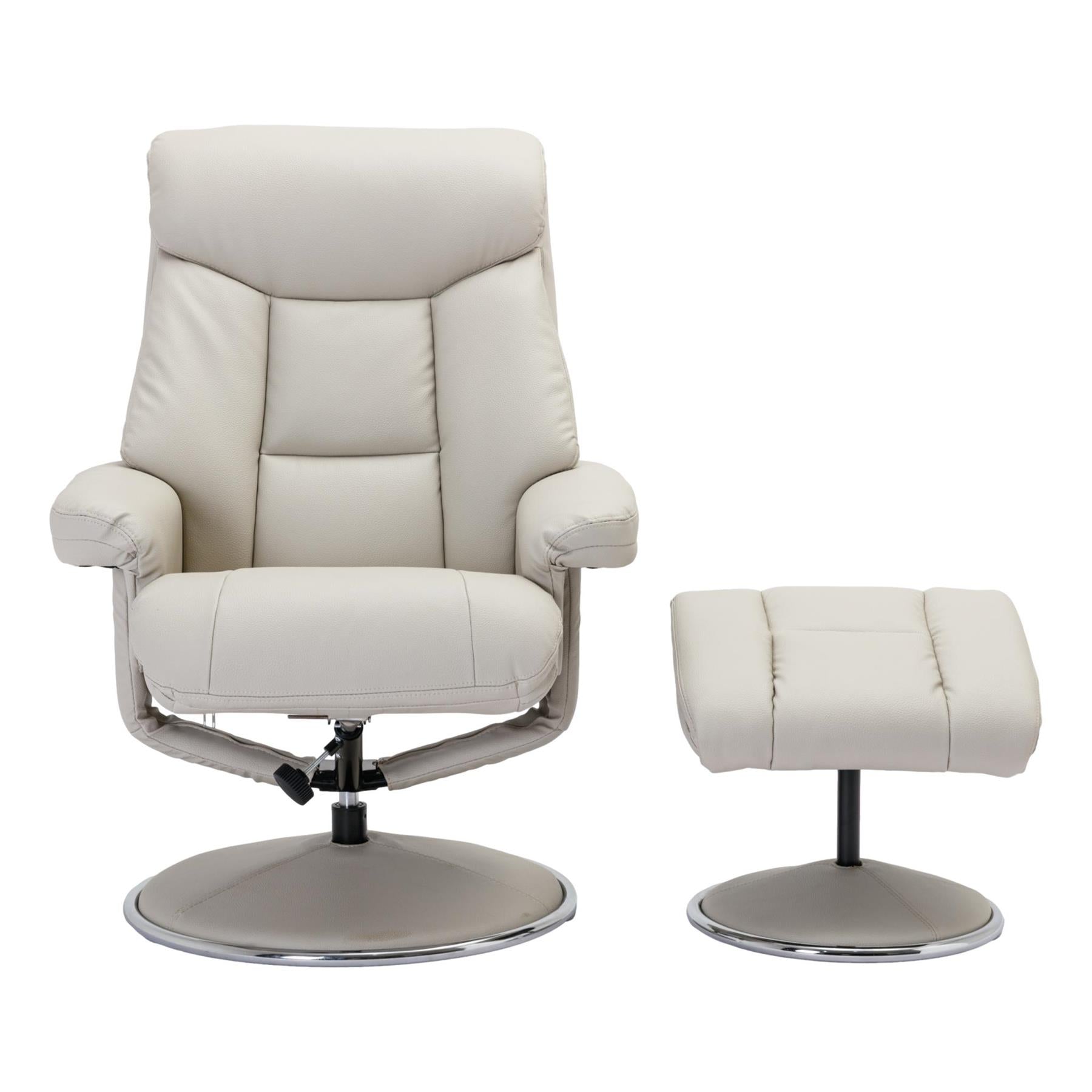 The Biarritz - Swivel Recliner Chair & Matching Footstool in Mushroom Plush Faux Leather - Minor Damage Clearance