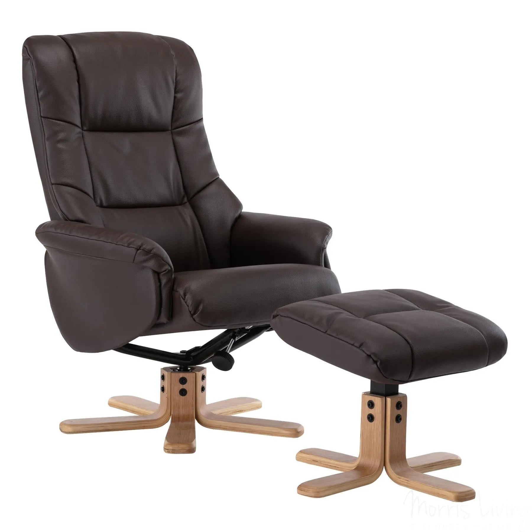 Cairo Swivel Recliner Chair & Footstool in Brown Plush Faux Leather Morris Living