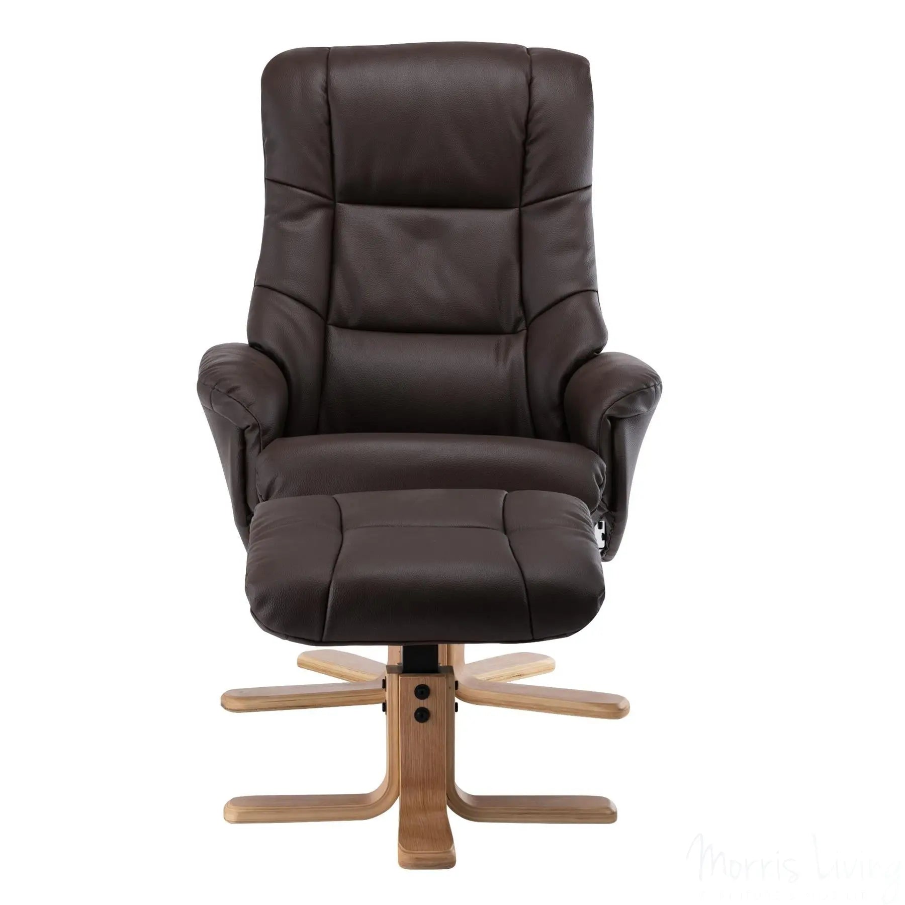 Cairo Swivel Recliner Chair & Footstool in Brown Plush Faux Leather Morris Living