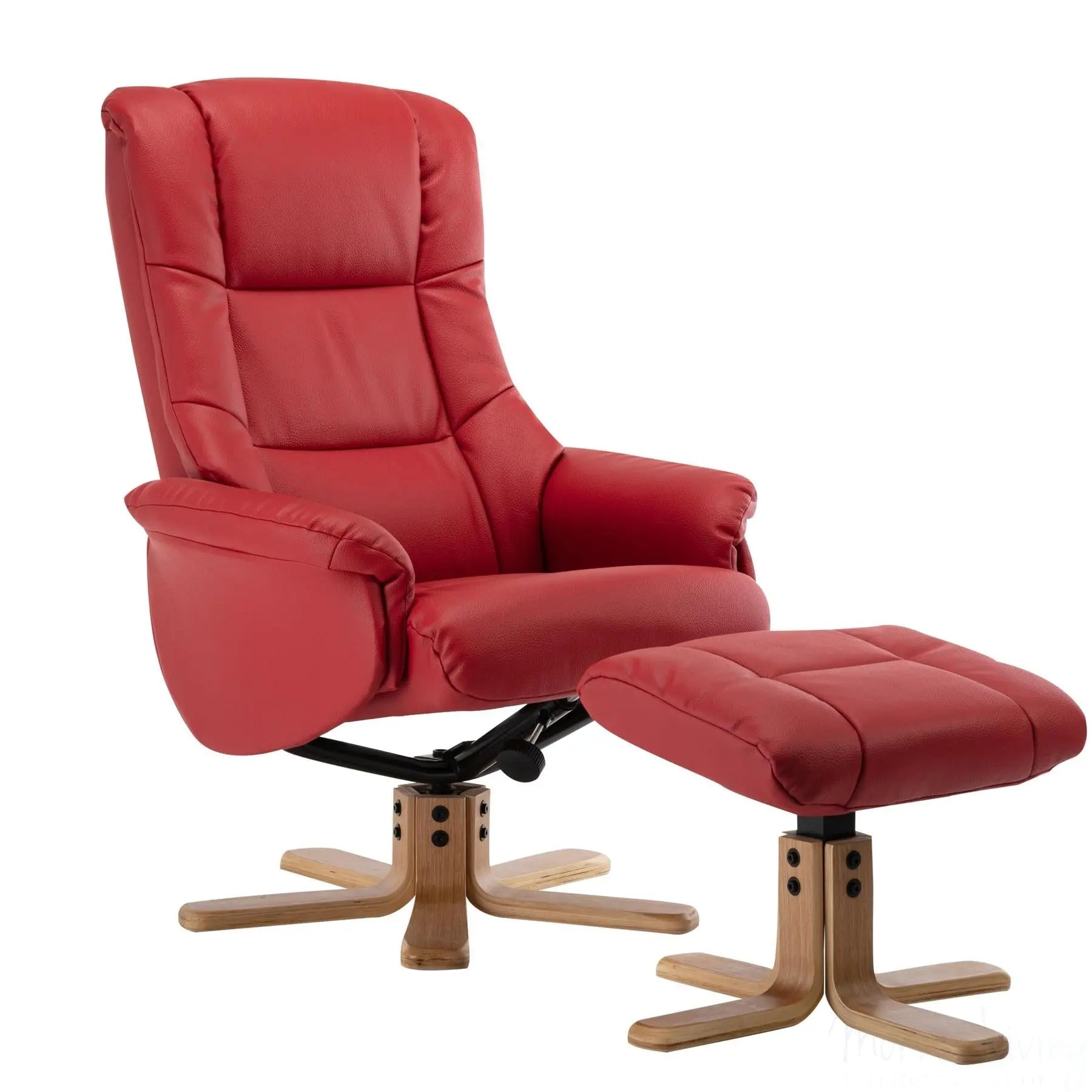 Cairo Swivel Recliner Chair & Footstool in Cherry Plush Faux Leather Morris Living