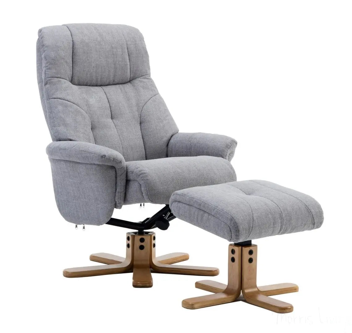 Dubai Lisbon Silver Fabric Swivel Recliner Chair With Matching Footstool GFA