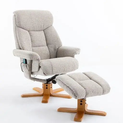 Exmouth Fabric Swivel Recliner Massage Chair & Footstool in Sand Morris Living