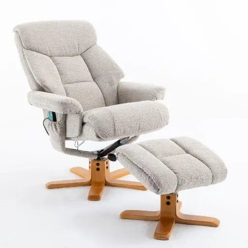 Exmouth Fabric Swivel Recliner Massage Chair & Footstool in Sand Morris Living