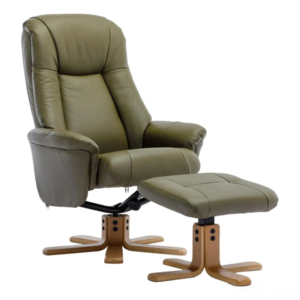 Hawaii Swivel Recliner Chair & Matching Footstool in Olive Green Genuine Leather - Refurbished Morris Living
