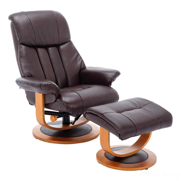 Hereford Genuine Leather Chestnut Brown Swivel Reclining Chair & Footstool - Refurbished Morris Living