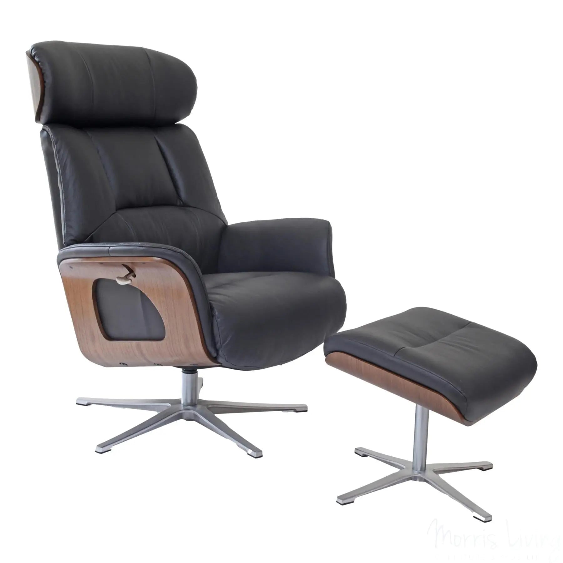 Stratford Swivel Recliner Chair in Genuine Black Leather with Matching Footstool Morris Living