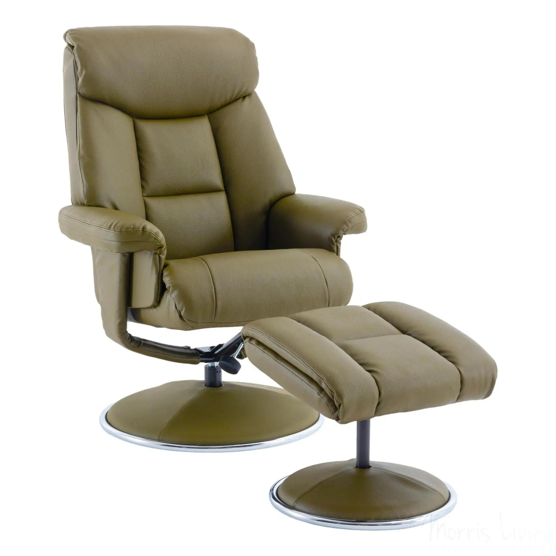 The Biarritz - Swivel Recliner Chair & Matching Footstool in Olive Green Plush Faux Leather Morris Living