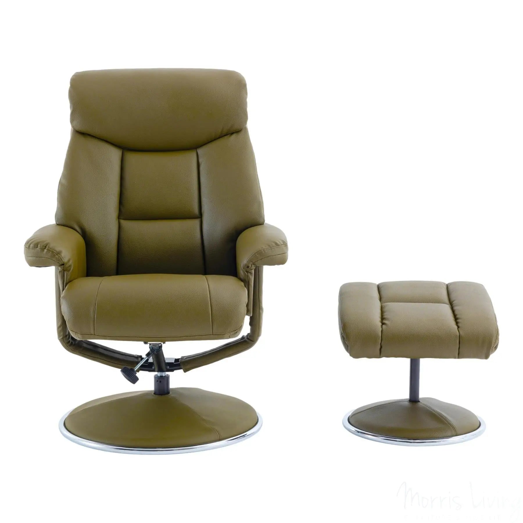 The Biarritz - Swivel Recliner Chair & Matching Footstool in Olive Green Plush Faux Leather Morris Living