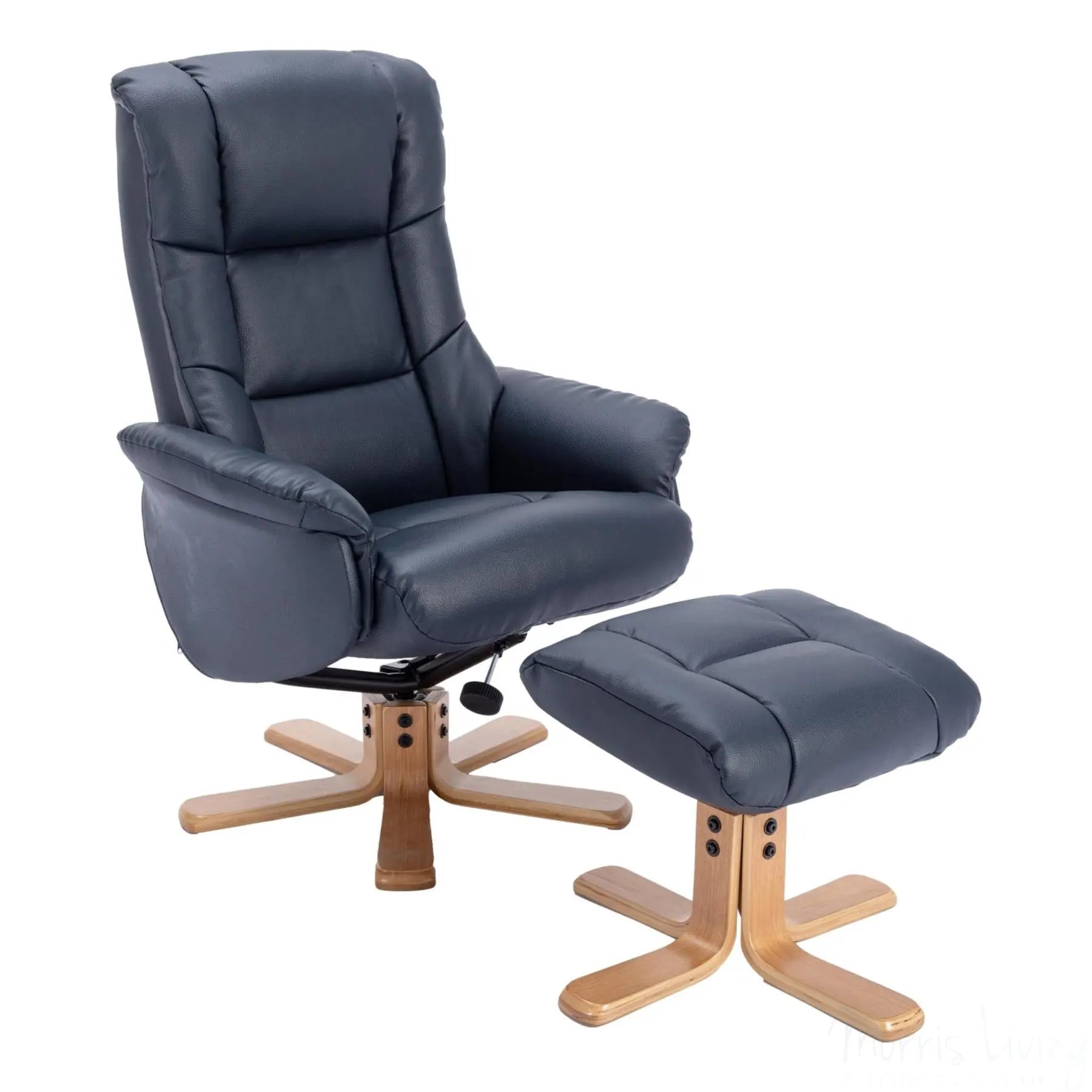 The Cairo - Swivel Recliner Chair & Matching Footstool in Navy Blue Faux Leather Morris Living