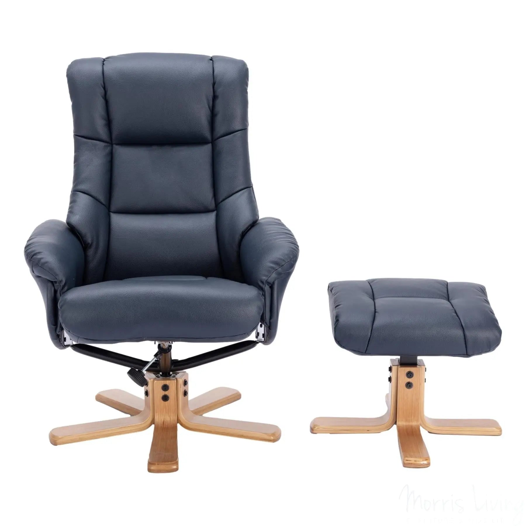 The Cairo - Swivel Recliner Chair & Matching Footstool in Navy Blue Faux Leather Morris Living
