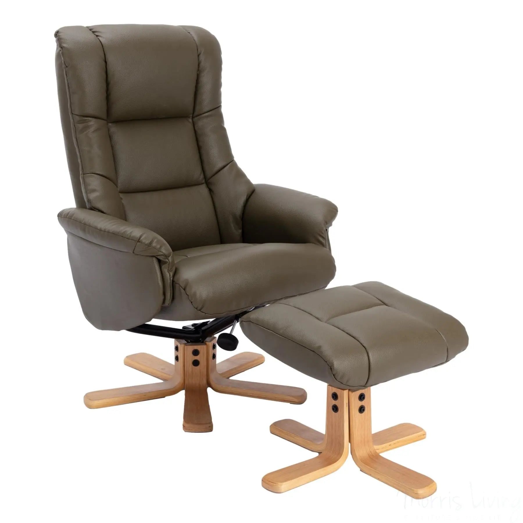 The Cairo - Swivel Recliner Chair & Matching Footstool in Olive Green Faux Leather Morris Living