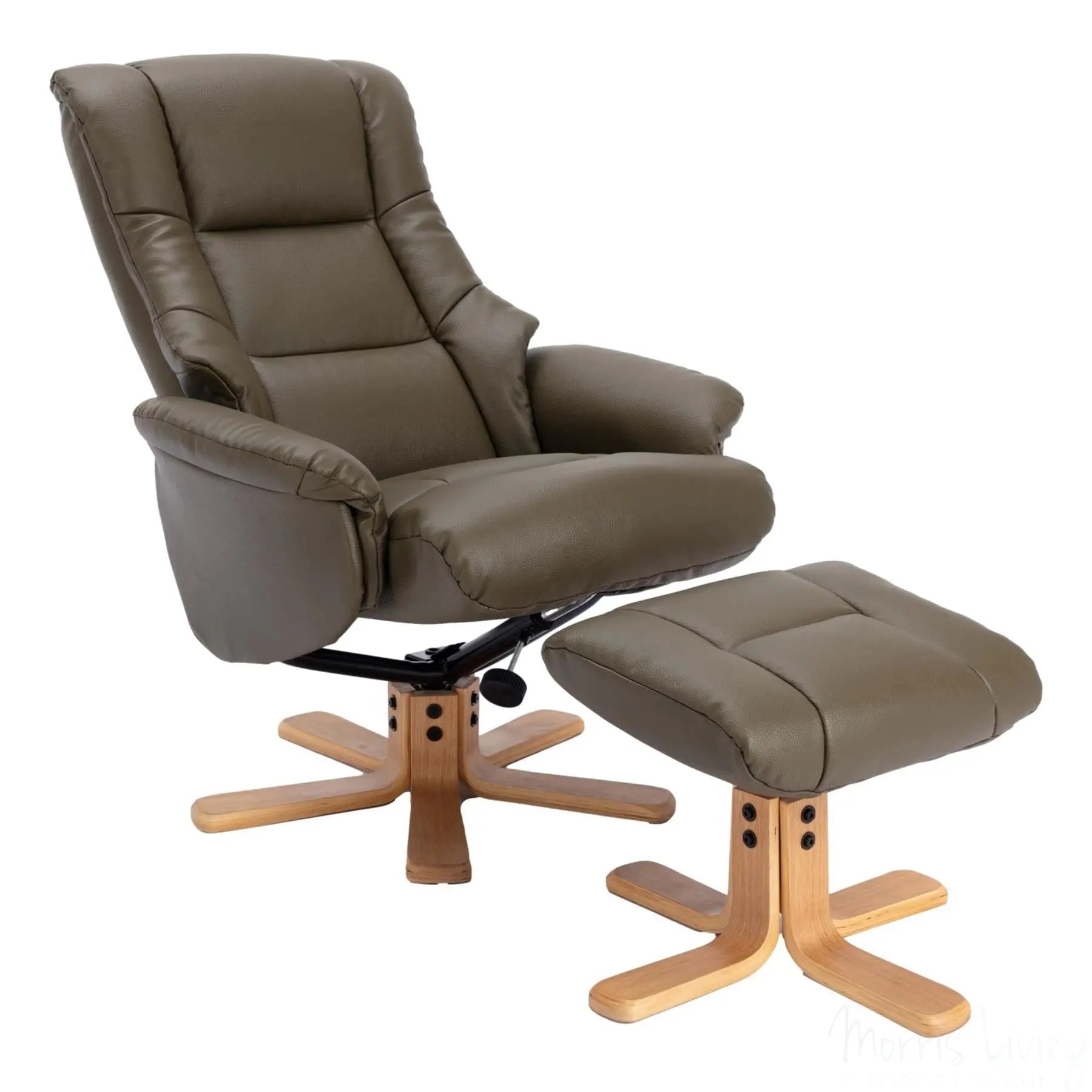 The Cairo - Swivel Recliner Chair & Matching Footstool in Olive Green Faux Leather Morris Living