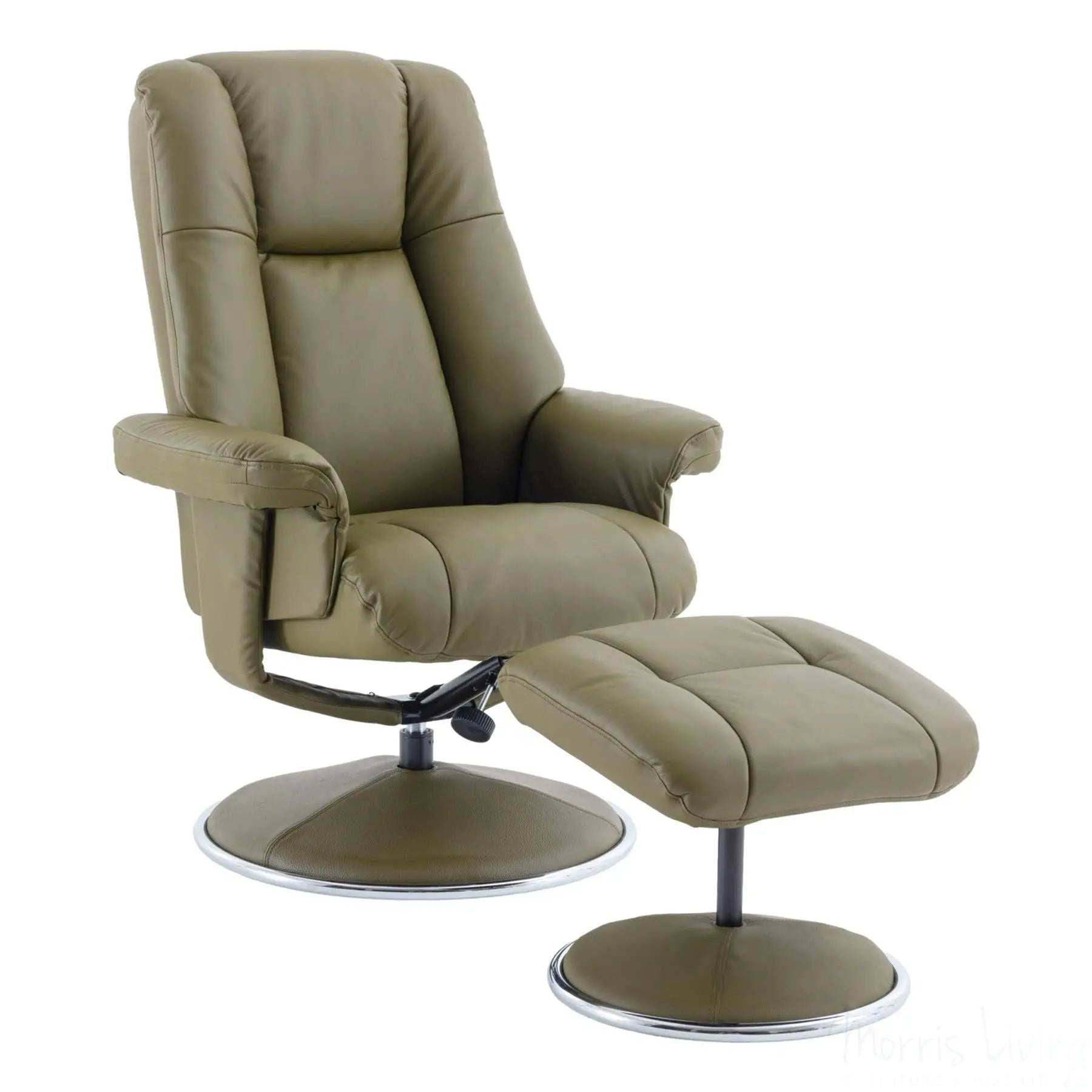 The Denver - Swivel Recliner Chair & Matching Footstool in Olive Green Genuine Leather Match Morris Living
