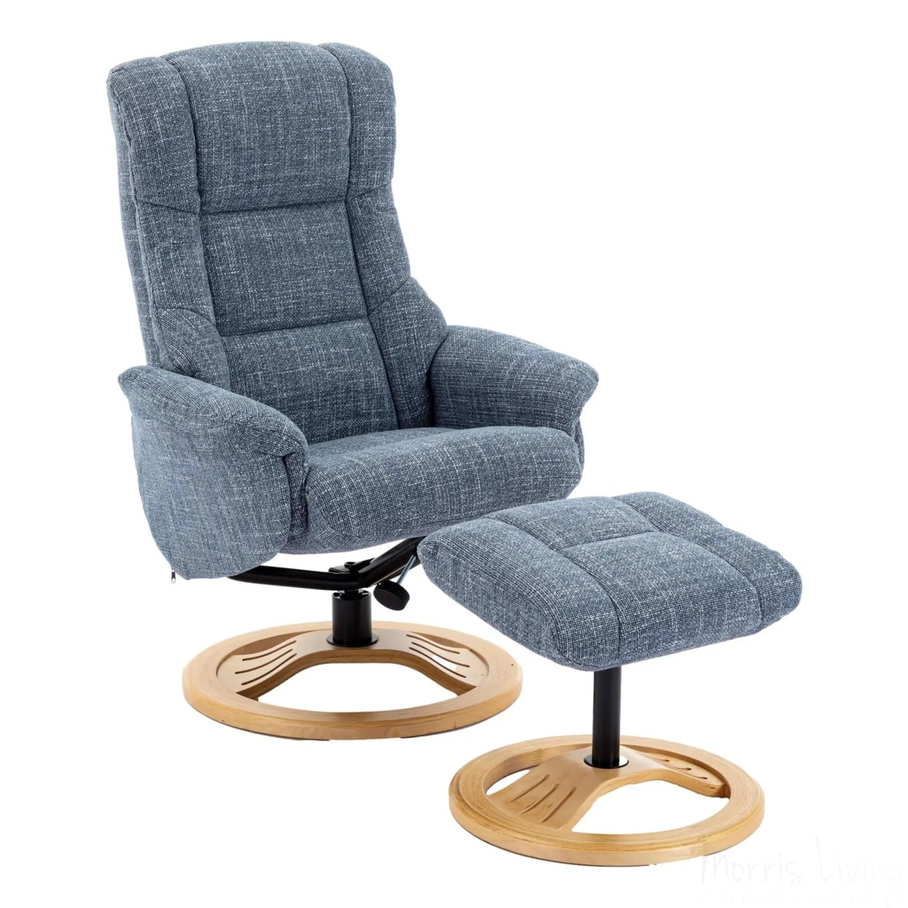 The Mandalay Swivel Recliner Chair & Footstool in ChaCha Ocean Blue Fabric Morris Living