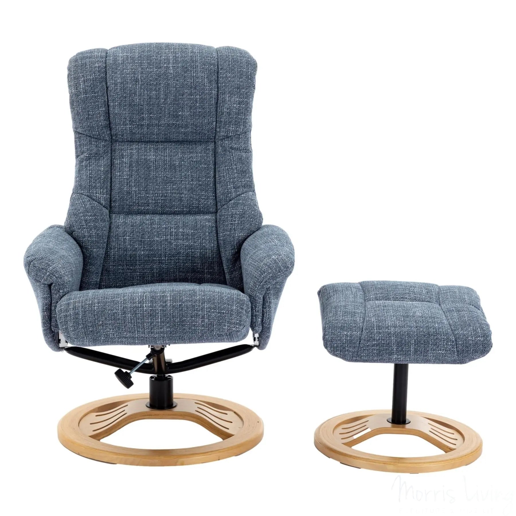 The Mandalay Swivel Recliner Chair & Footstool in ChaCha Ocean Blue Fabric Morris Living
