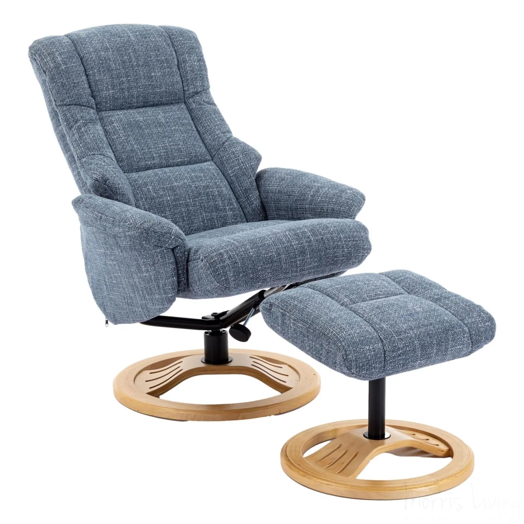 The Mandalay Swivel Recliner Chair & Footstool in ChaCha Ocean Blue Fabric Morris Living