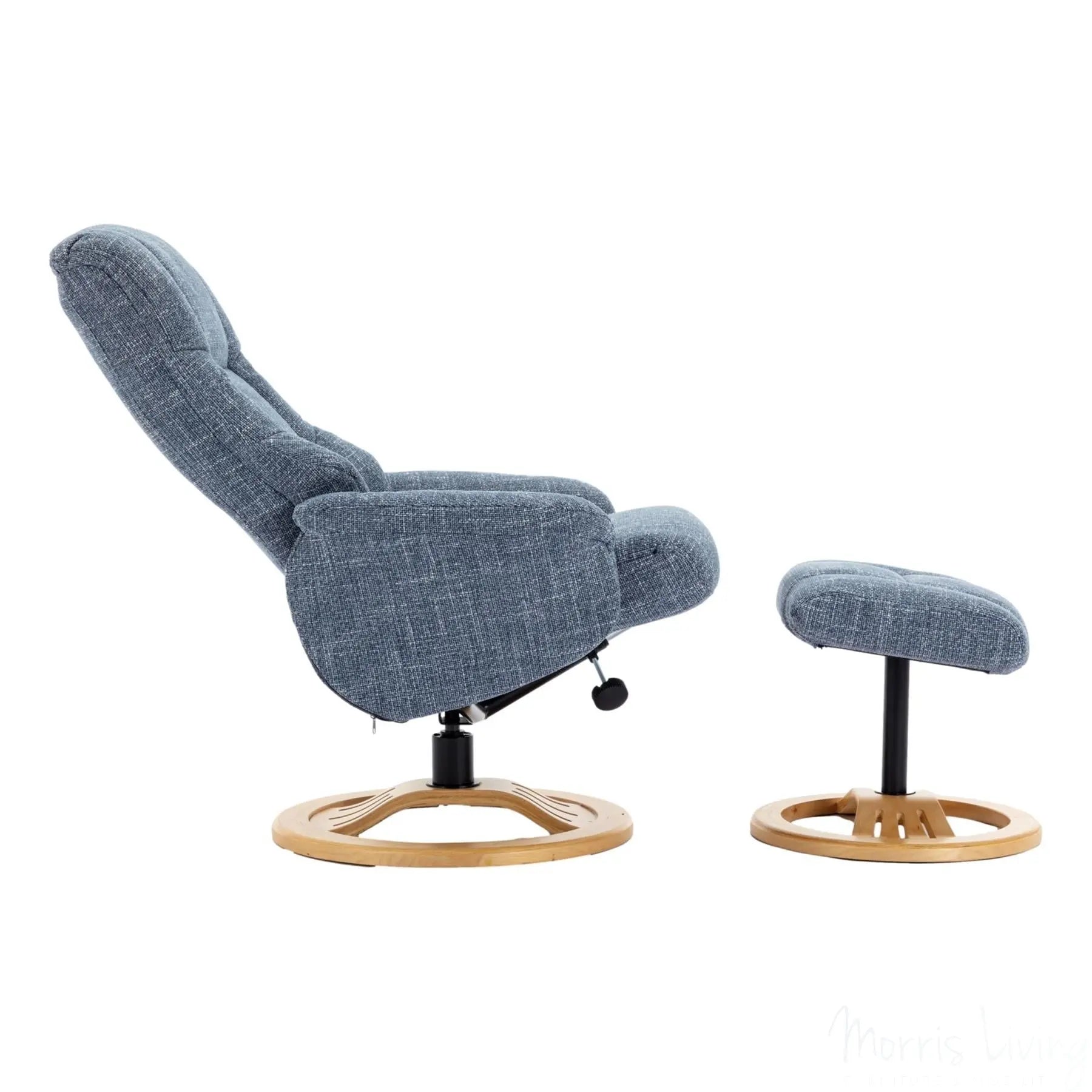 The Mandalay Swivel Recliner Chair & Footstool in ChaCha Ocean Blue Fabric Morris Living