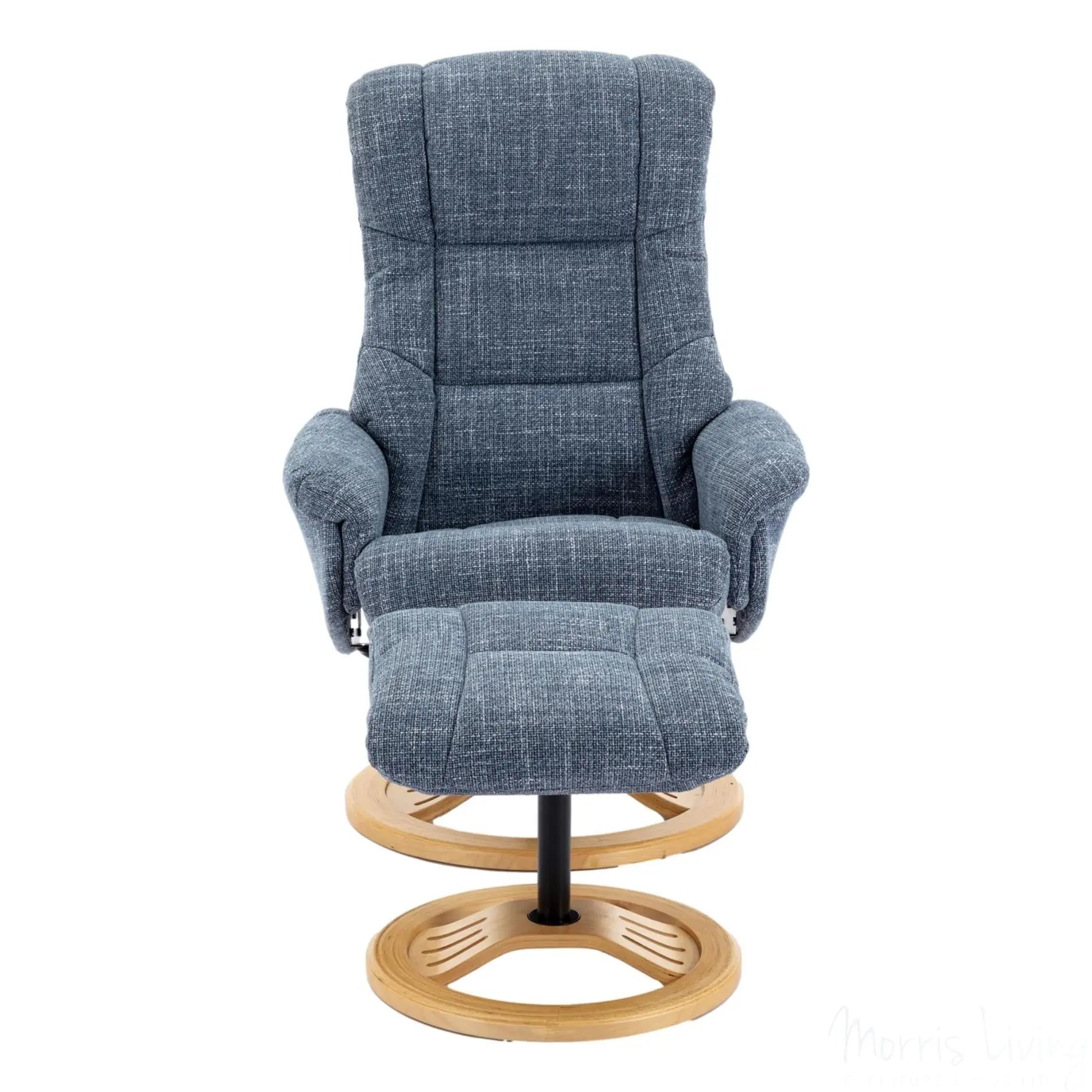 The Mandalay Swivel Recliner Chair & Footstool in ChaCha Ocean Blue Fabric Morris Living