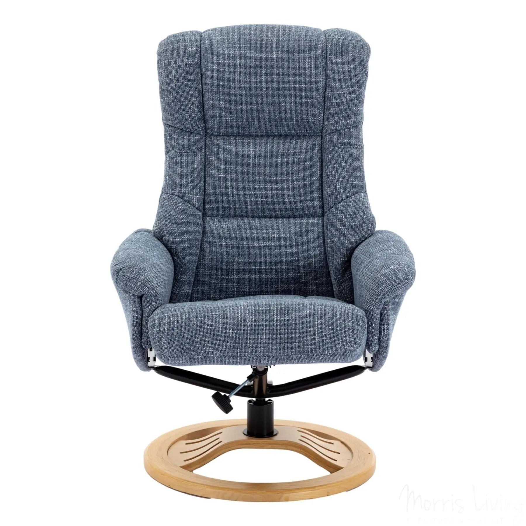 The Mandalay Swivel Recliner Chair & Footstool in ChaCha Ocean Blue Fabric Morris Living