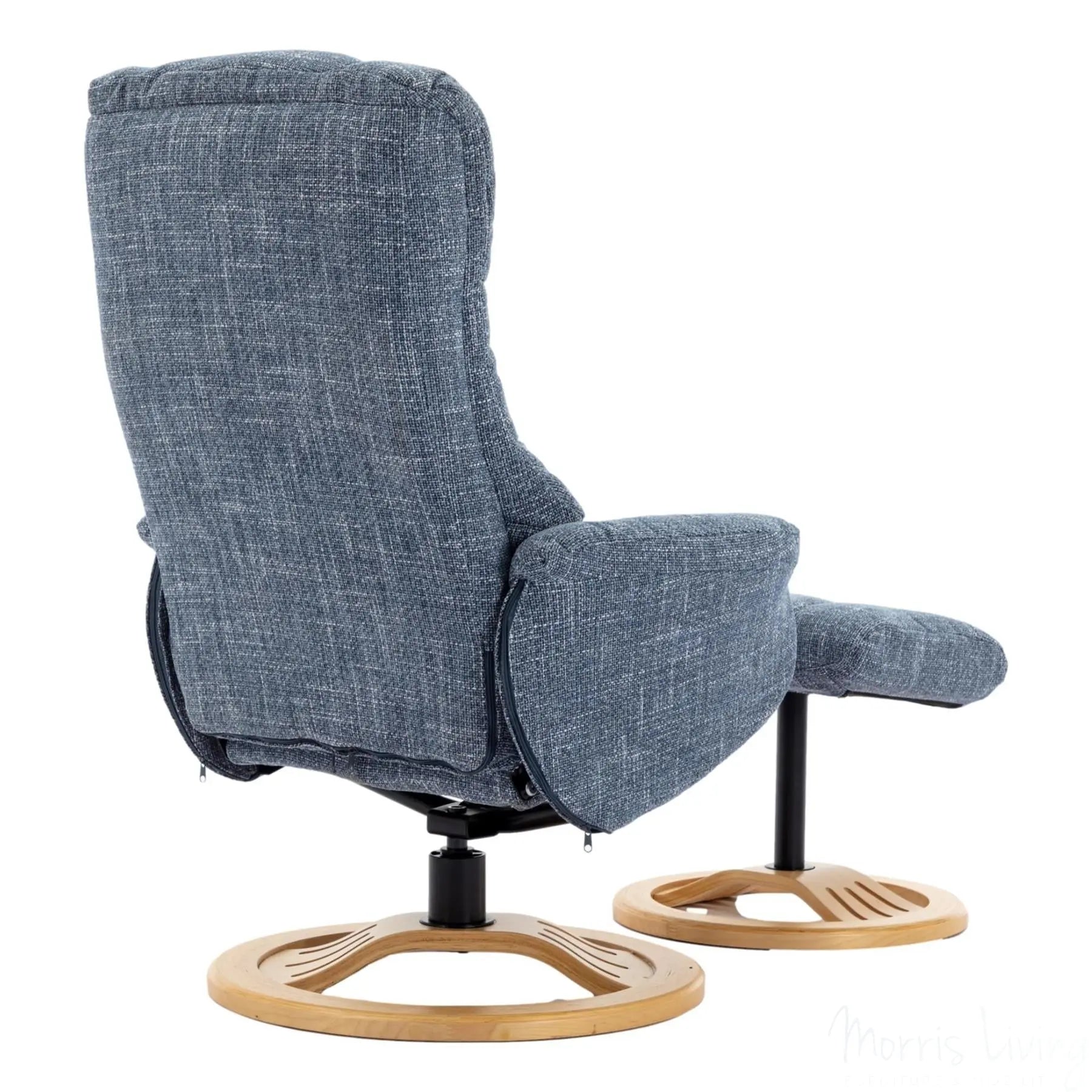 The Mandalay Swivel Recliner Chair & Footstool in ChaCha Ocean Blue Fabric Morris Living
