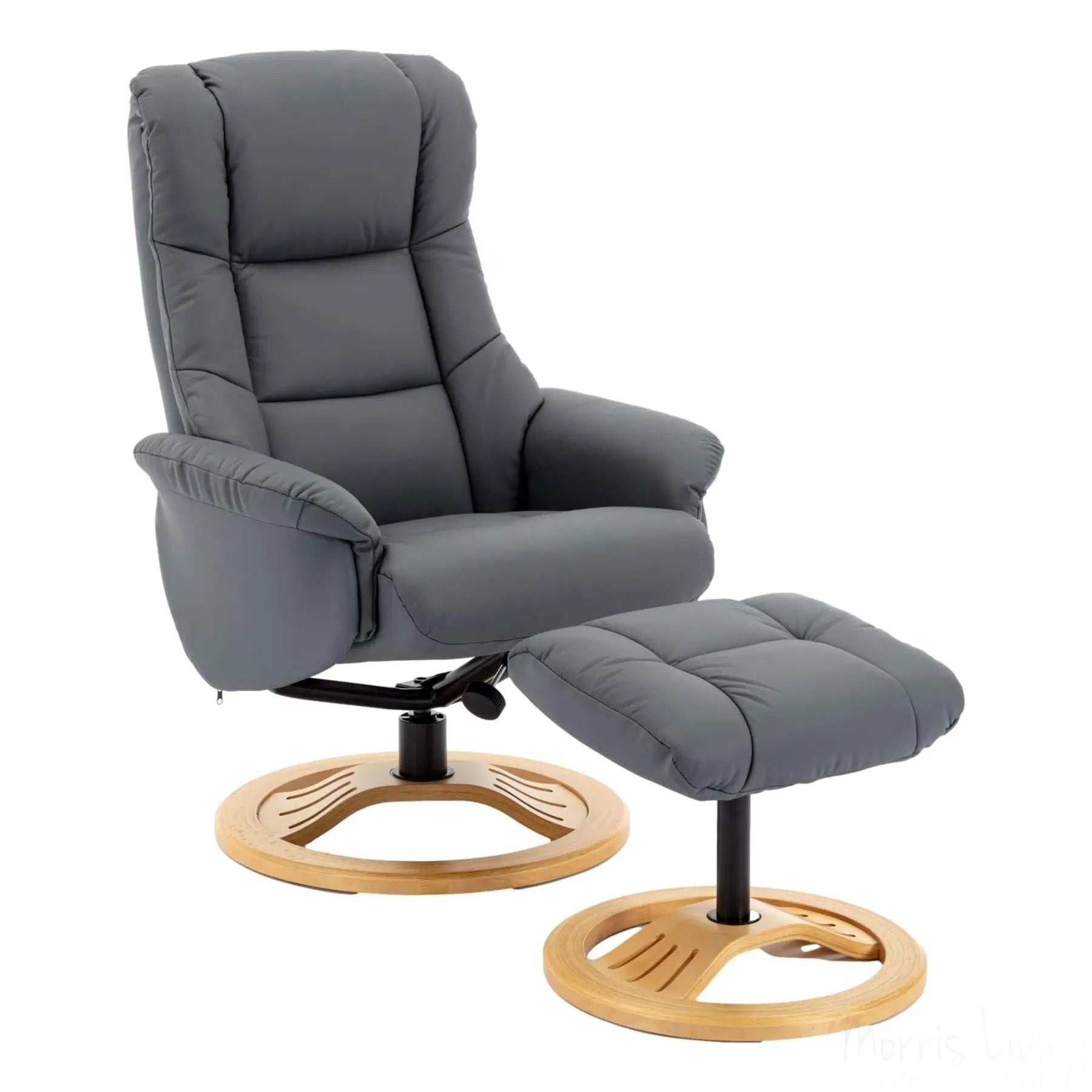 The Mandalay Swivel Recliner Chair & Footstool in Petrol Blue Genuine Leather Morris Living