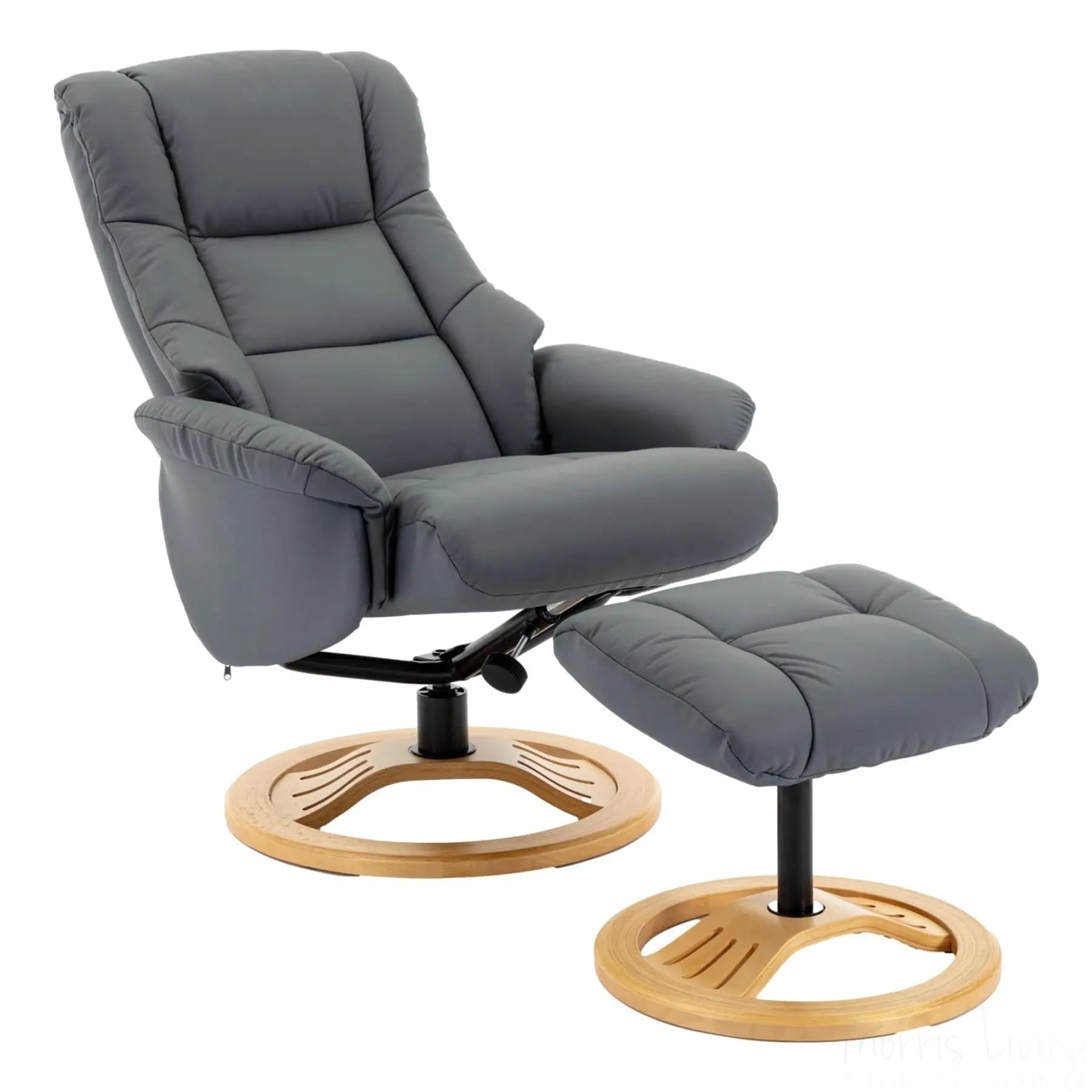 The Mandalay Swivel Recliner Chair & Footstool in Petrol Blue Genuine Leather Morris Living