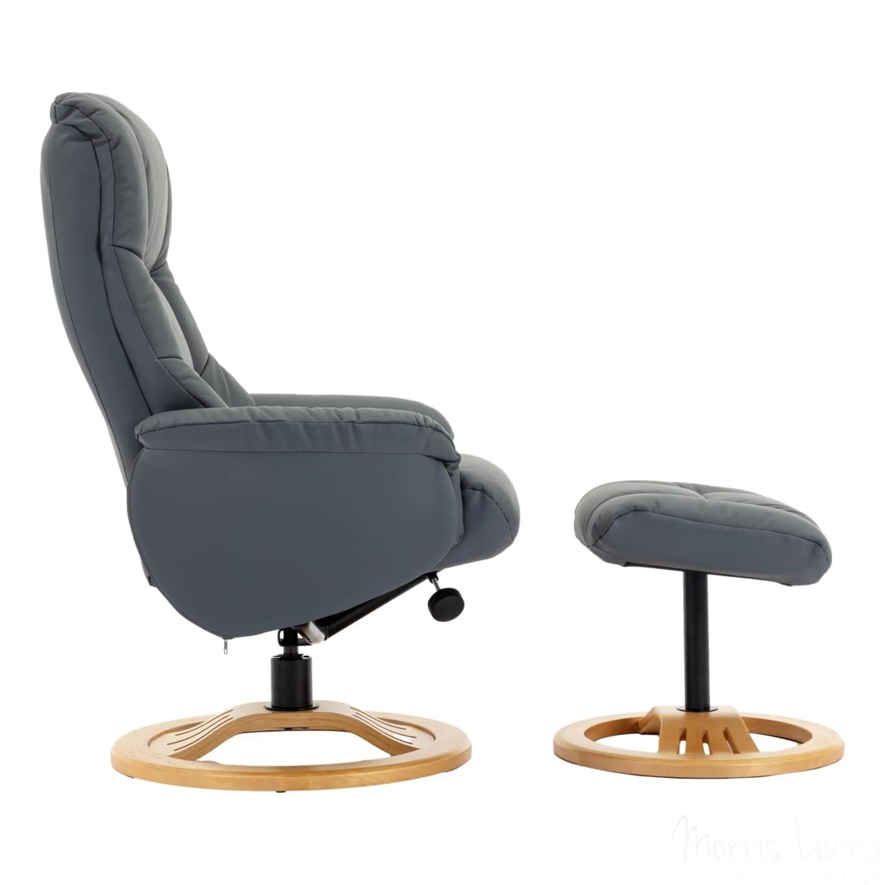 The Mandalay Swivel Recliner Chair & Footstool in Petrol Blue Genuine Leather Morris Living