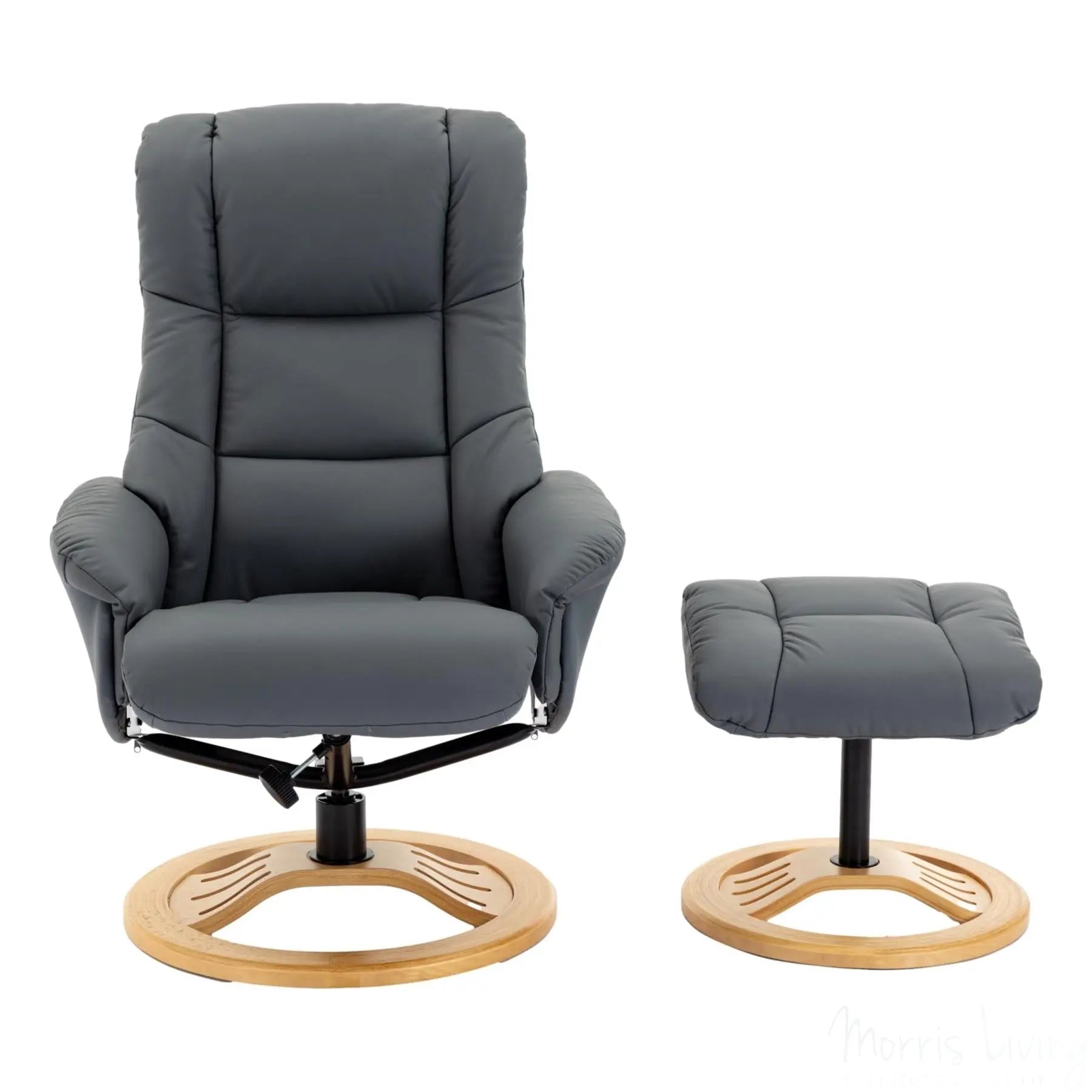 The Mandalay Swivel Recliner Chair & Footstool in Petrol Blue Genuine Leather Morris Living