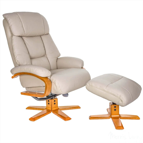 The Nice - Swivel Recliner Chair And Matching Footstool In Ivory Genuine Leather GFA