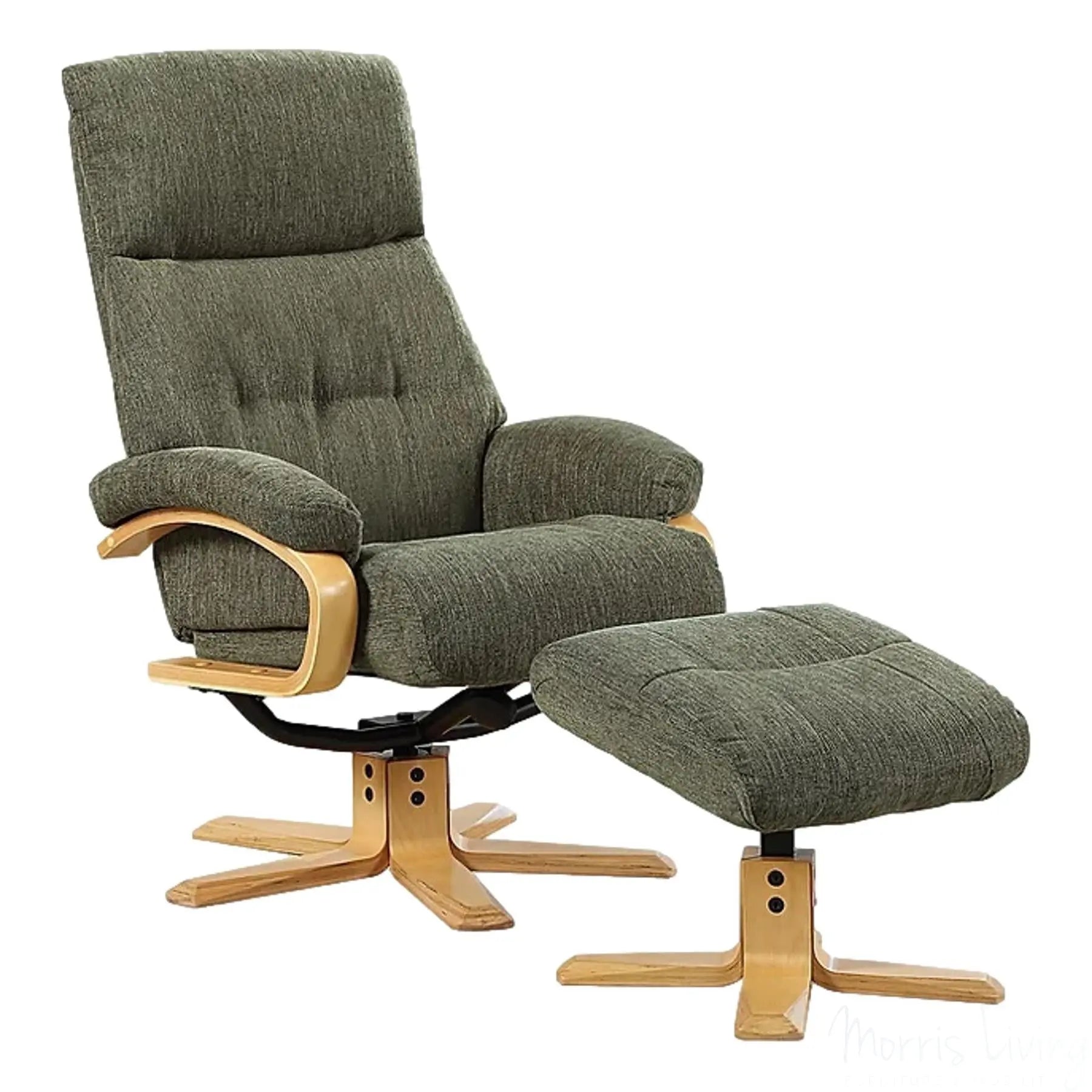 The Vienna - Swivel Recliner Chair & Matching Footstool in Forest Green Fabric Morris Living