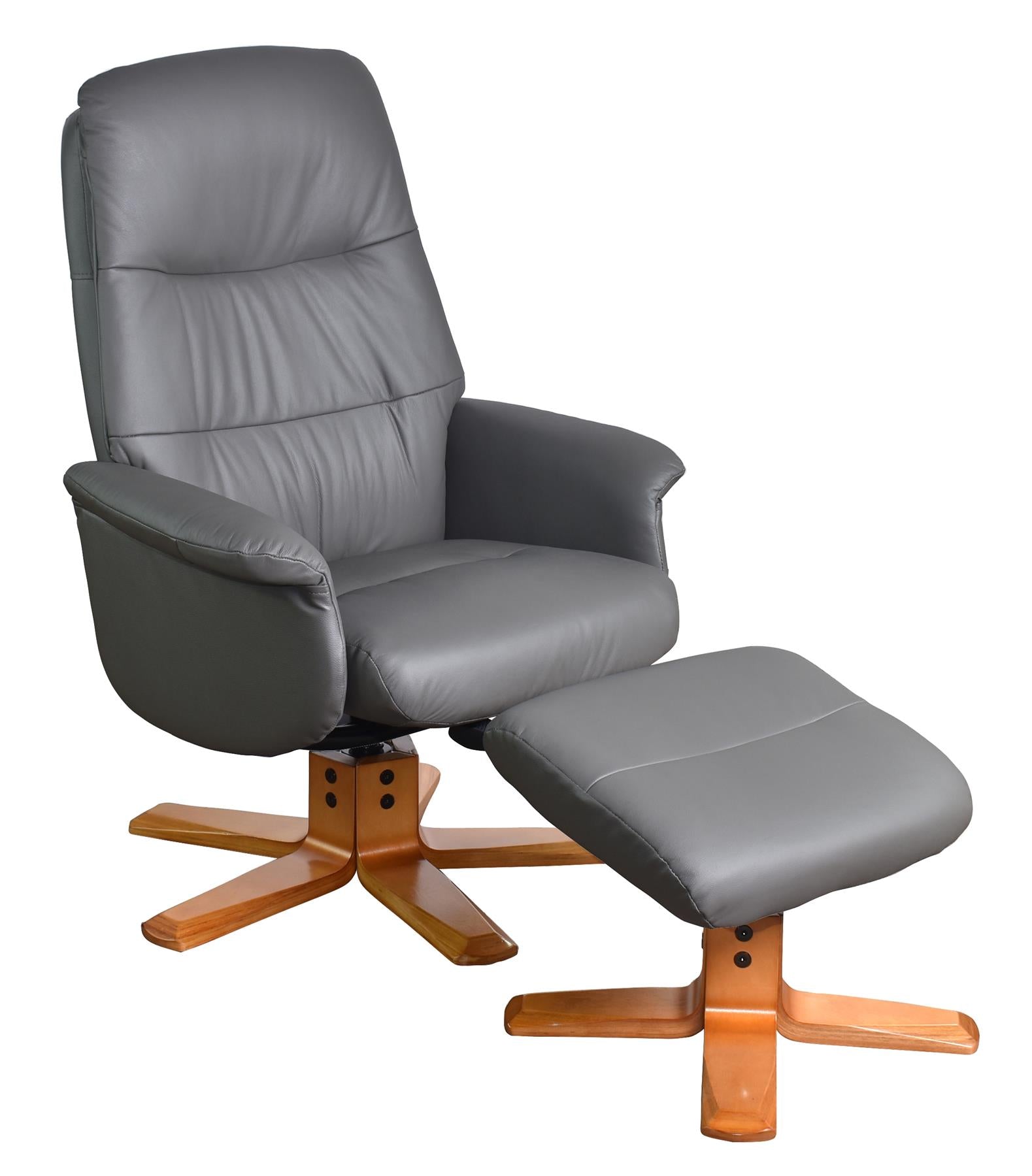 The Kansas Genuine Leather Swivel Recliner Chair in Charcoal with Cherry Wood base - Refurbished