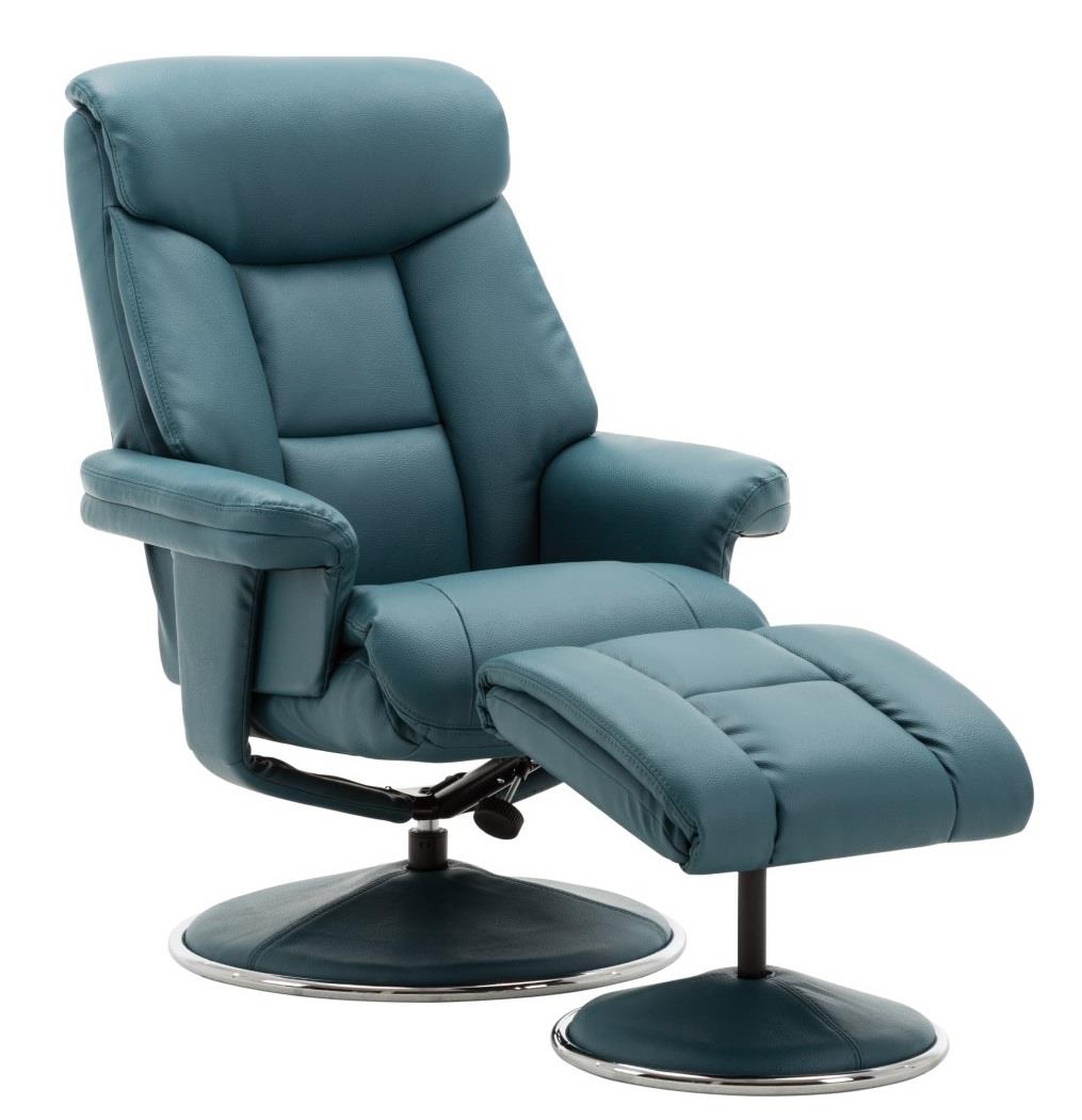 Biarritz Plush Faux Leather Swivel Recliner Chair & Matching Footstool In Lagoon - Refurbished