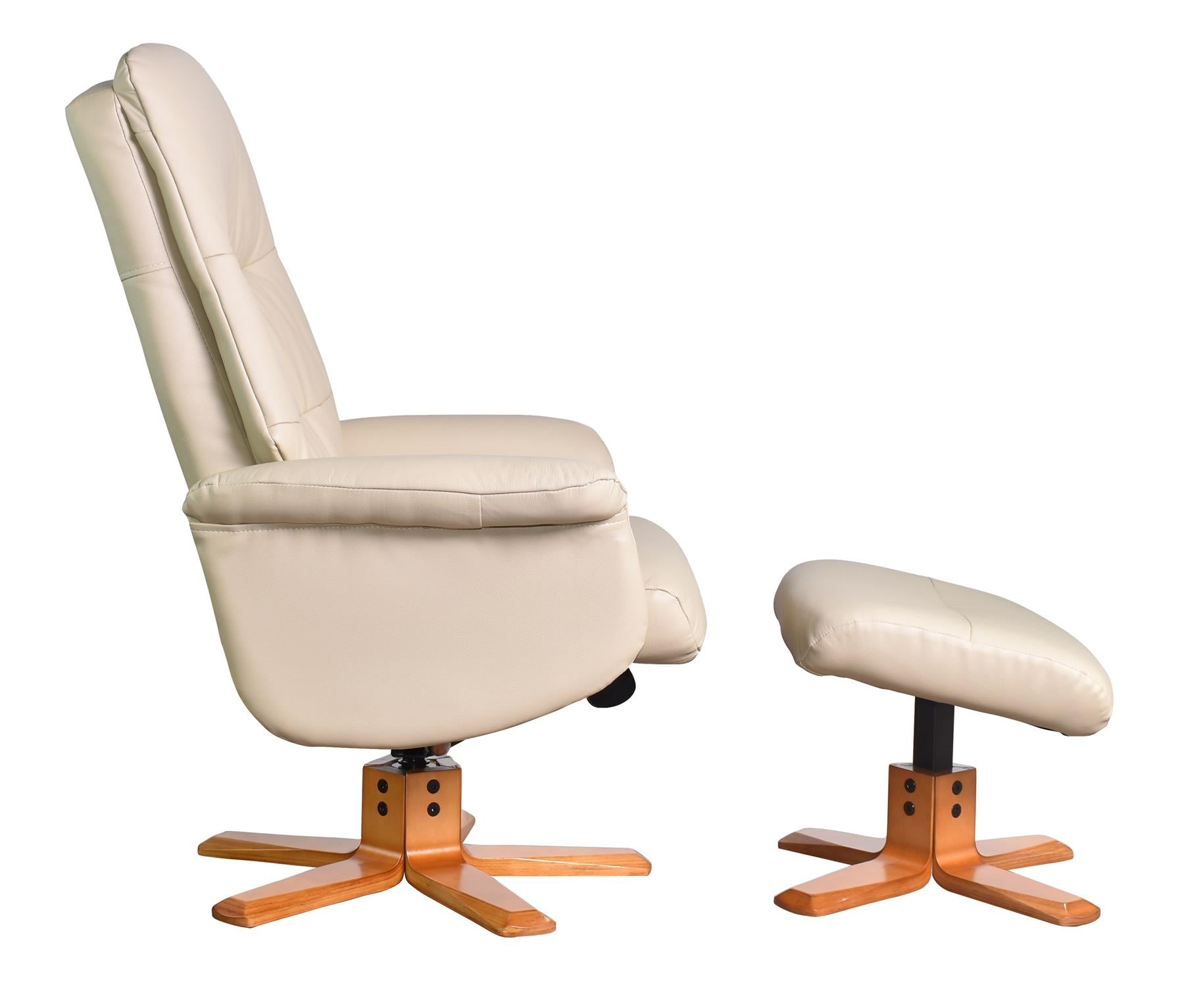 The Kansas Genuine Leather Swivel Recliner Chair in Cream with Cherry Base - Refurbished
