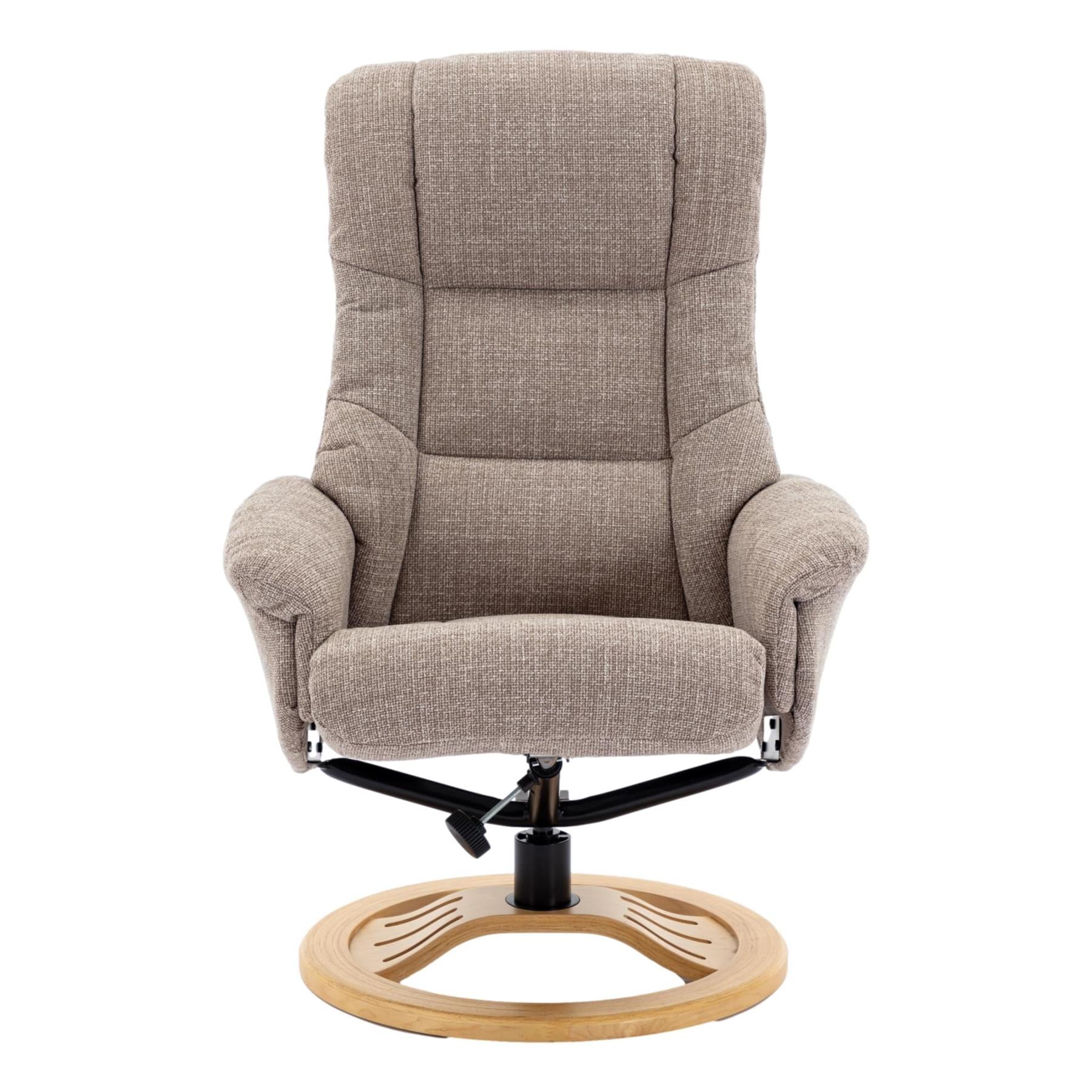 The Mandalay Swivel Recliner Chair & Footstool in ChaCha Oat Fabric - Refurbished
