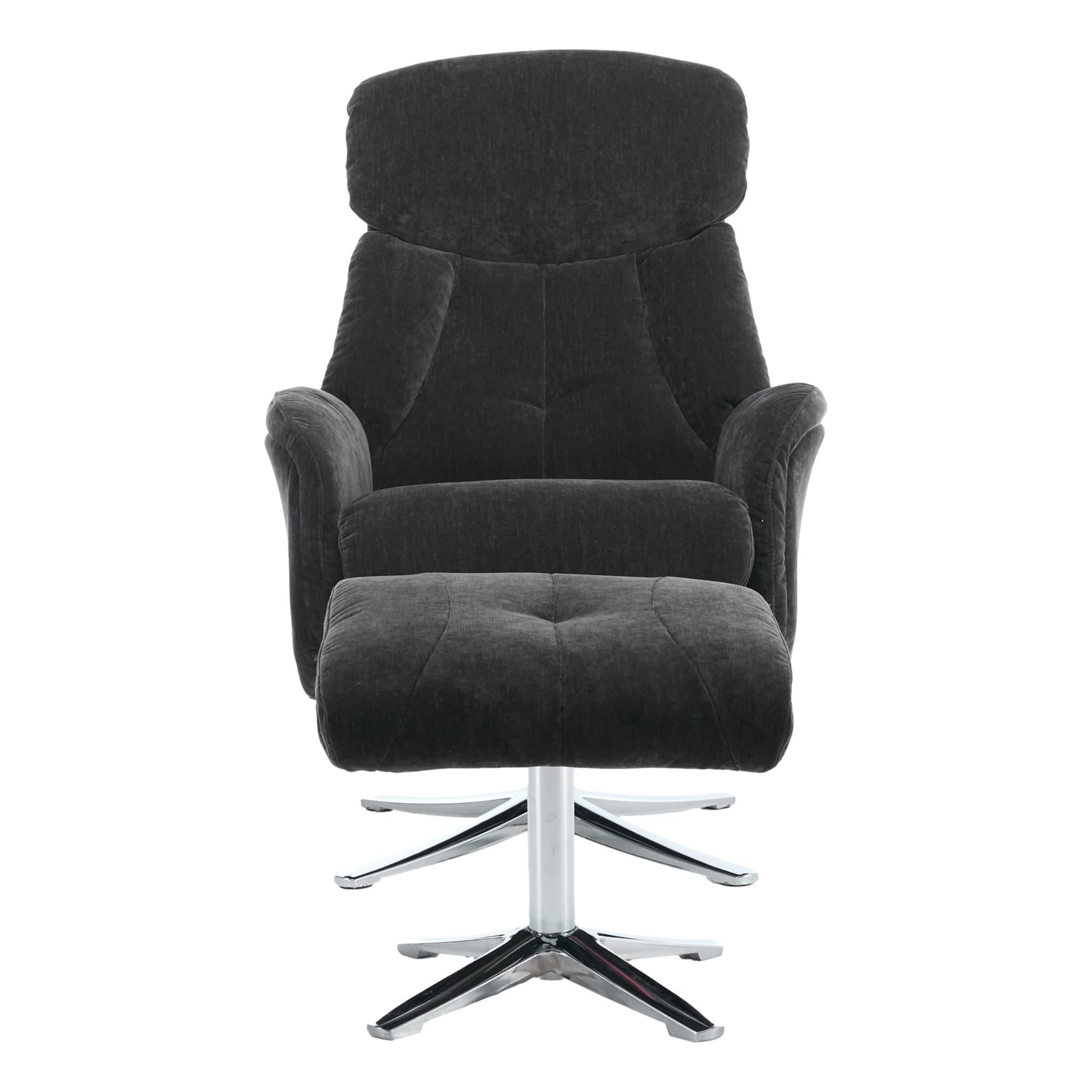 The Lucia Swivel Recliner Chair & Footstool in Black Fabric