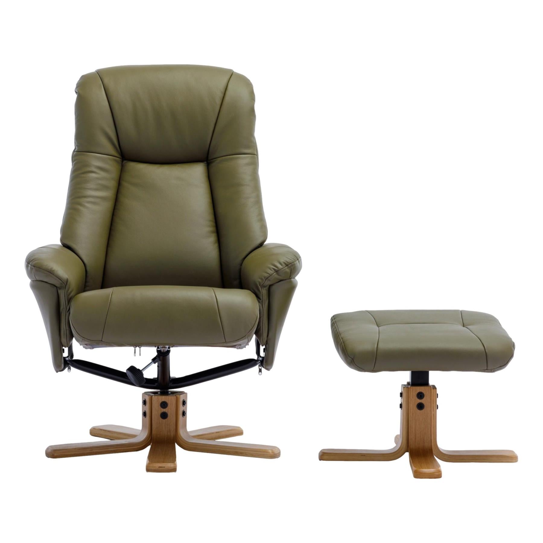 Hawaii Swivel Recliner Chair & Matching Footstool in Olive Green Genuine Leather - Refurbished