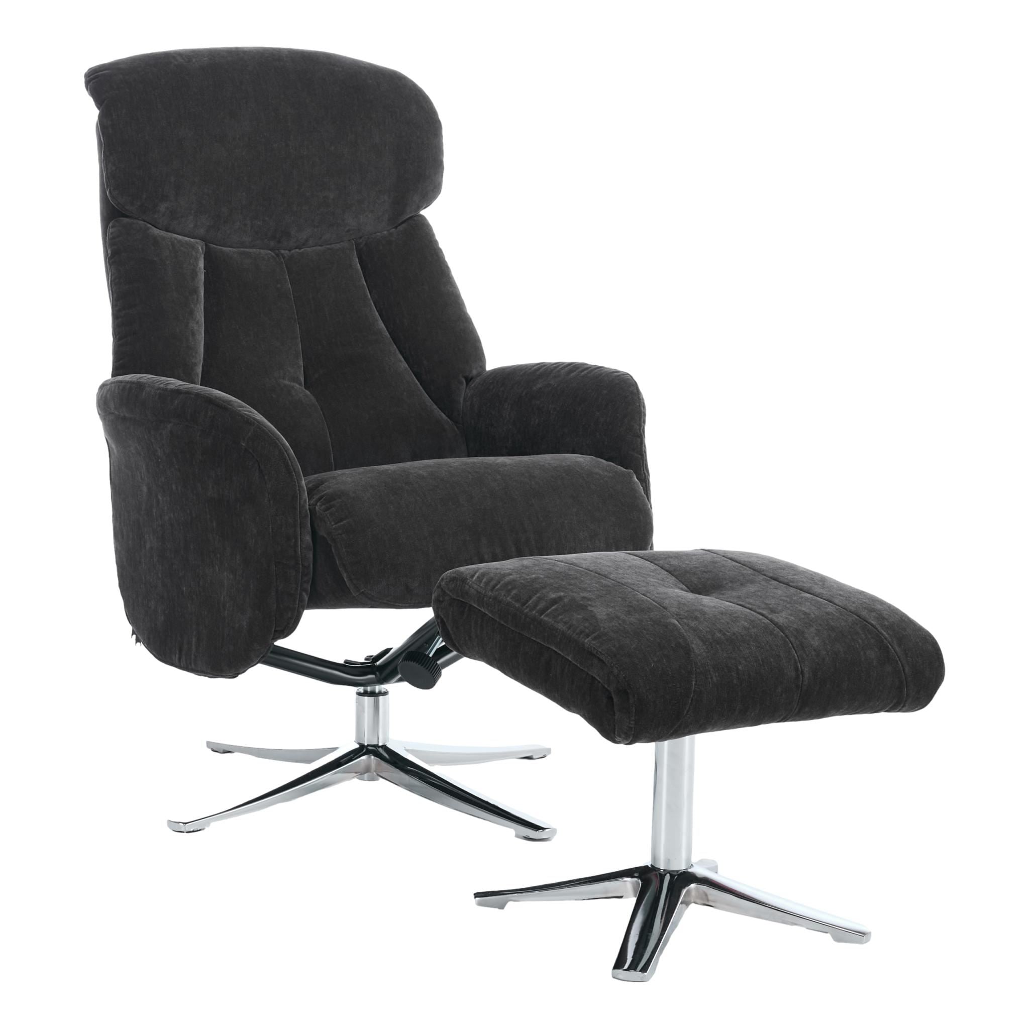 The Lucia Swivel Recliner Chair & Footstool in Black Fabric