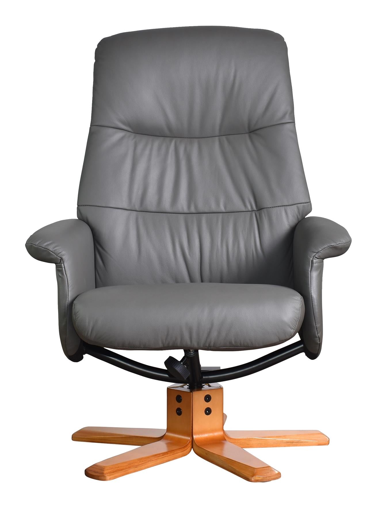 The Kansas Genuine Leather Swivel Recliner Chair in Charcoal with Cherry Wood base - Refurbished