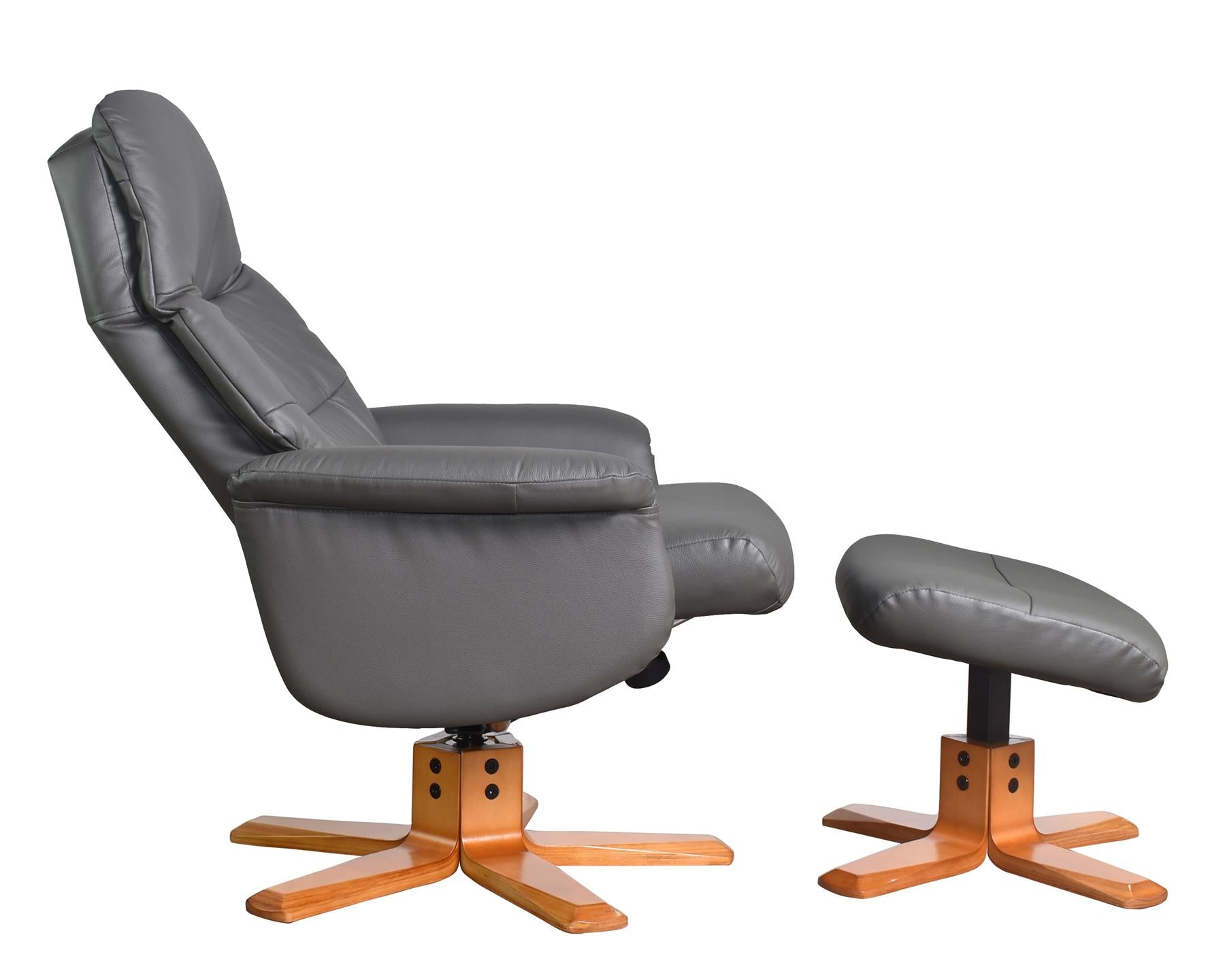 The Kansas Genuine Leather Swivel Recliner Chair in Charcoal with Cherry Wood base - Refurbished