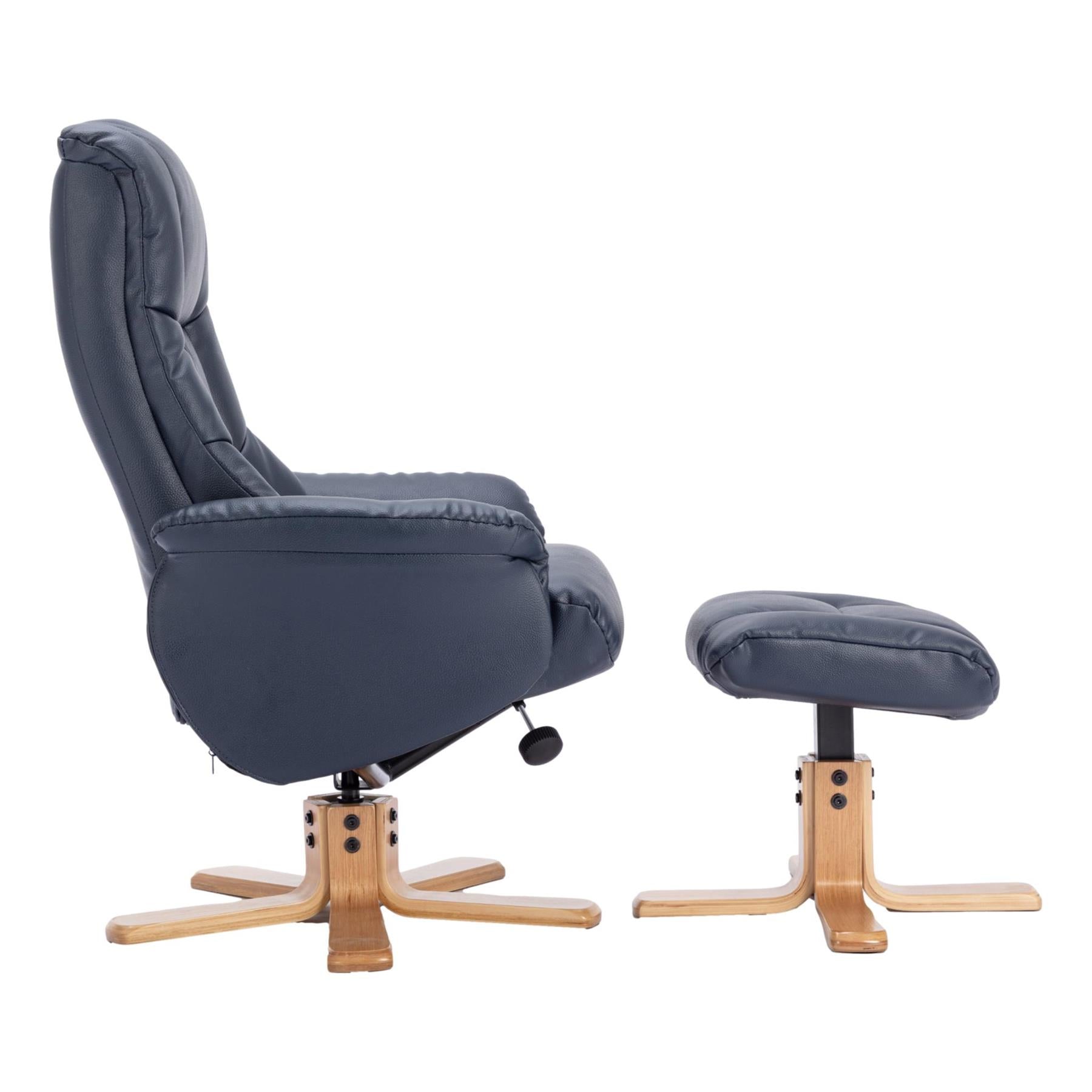 The Cairo - Swivel Recliner Chair & Matching Footstool in Navy Blue Faux Leather - Refurbished