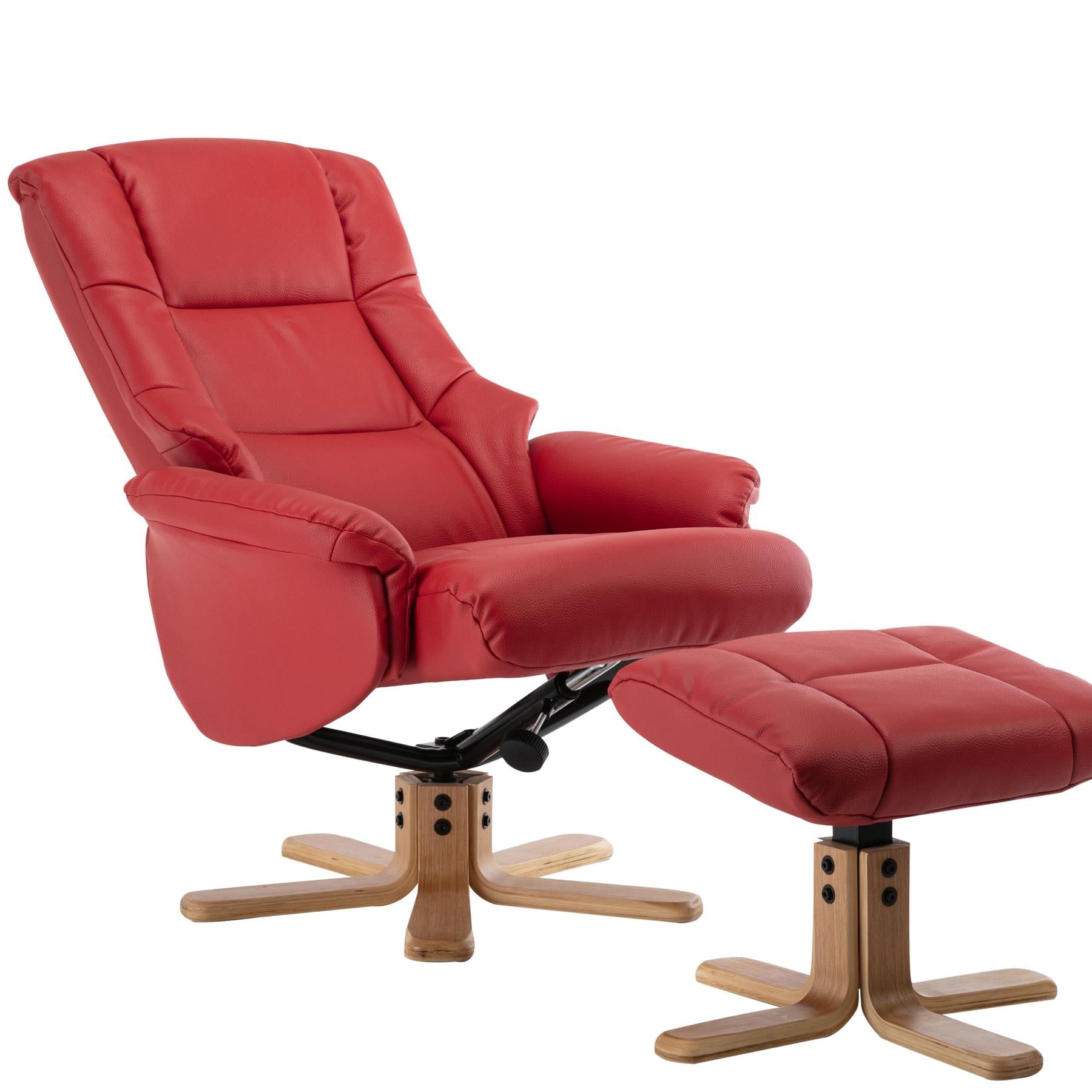 Cairo Swivel Recliner Chair & Footstool in Cherry Plush Faux Leather Refurbished
