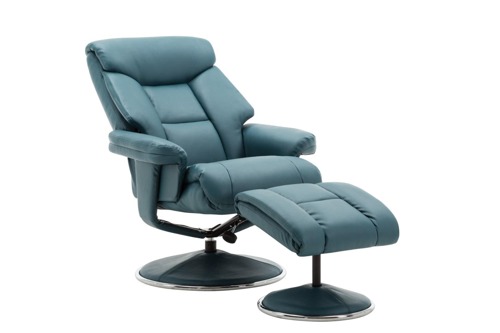 Biarritz Plush Faux Leather Swivel Recliner Chair & Matching Footstool In Lagoon - Refurbished